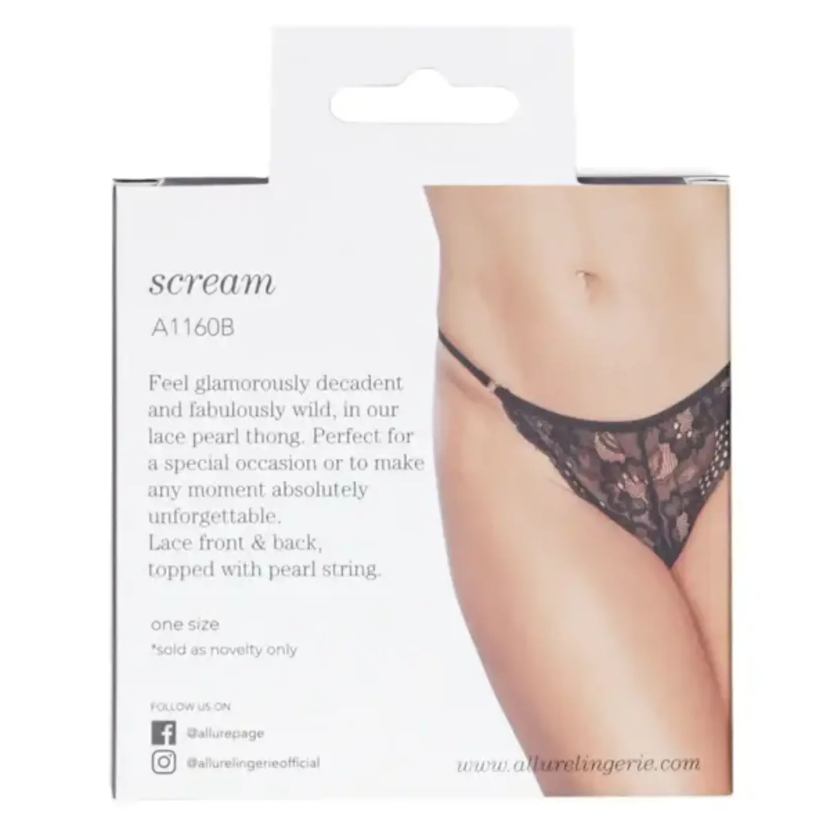 ALLURE LINGERIE ALLURE SCREAM PEARL THONG - BLACK - ONE SIZE FITS MOST - BLACK