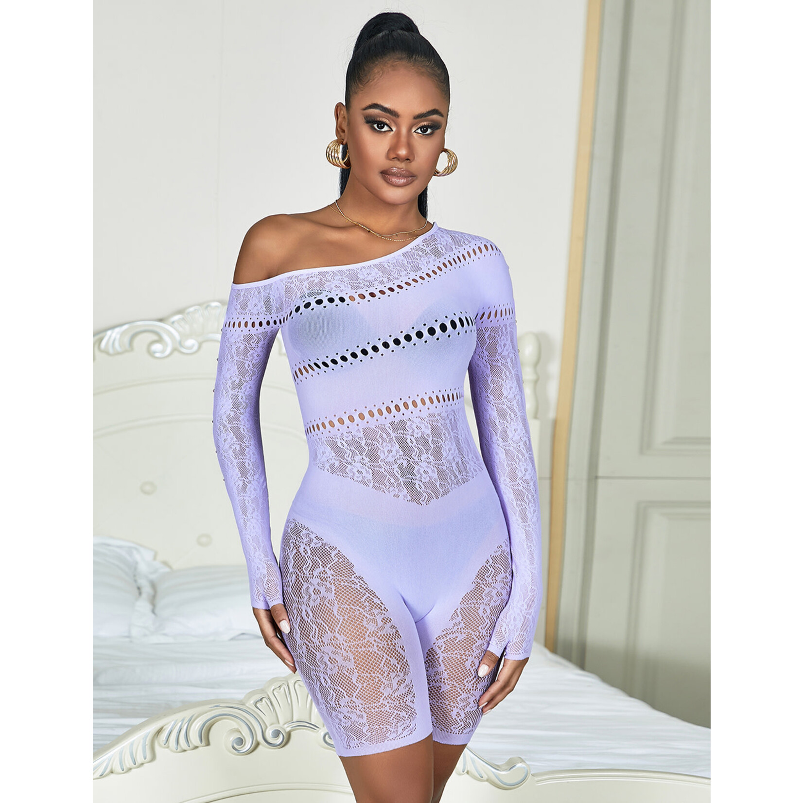 OH YEAH! -  PURPLE LONG-SLEEVED ONE SHOULDER SEXY MESH BODYSTOCKING PURPLE XS-M