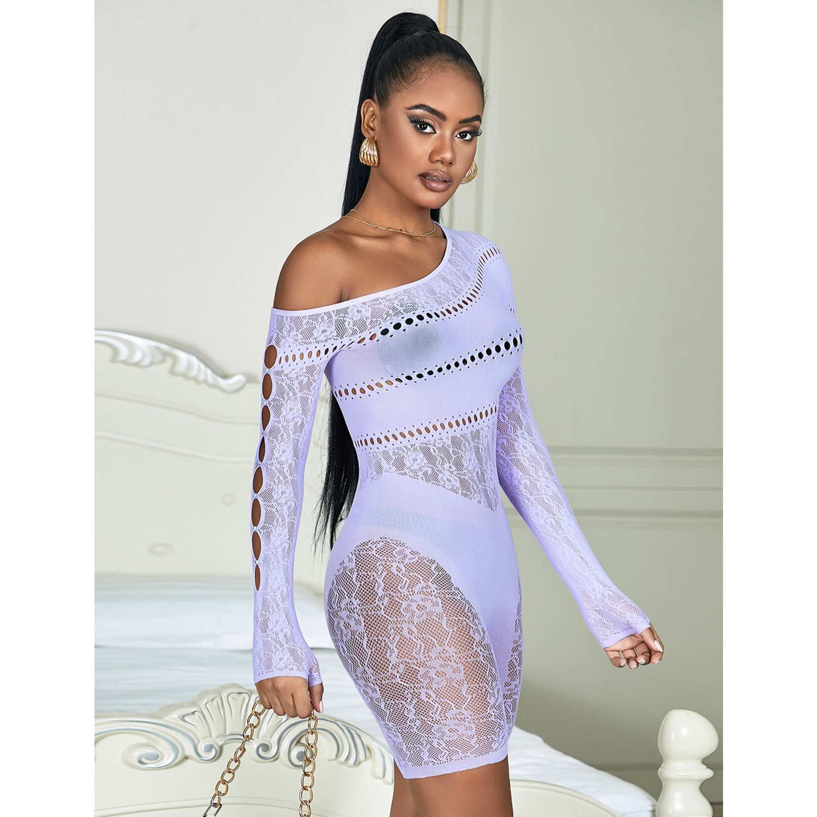 OH YEAH! -  PURPLE LONG-SLEEVED ONE SHOULDER SEXY MESH BODYSTOCKING PURPLE XS-M