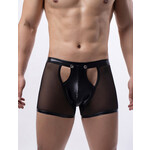 OH YEAH! -  BLACK SEXY MESH OPENABLE CROTCH IMITATION LEATHER MEN'S BOXER UNDERWEAR BLACK SMALL