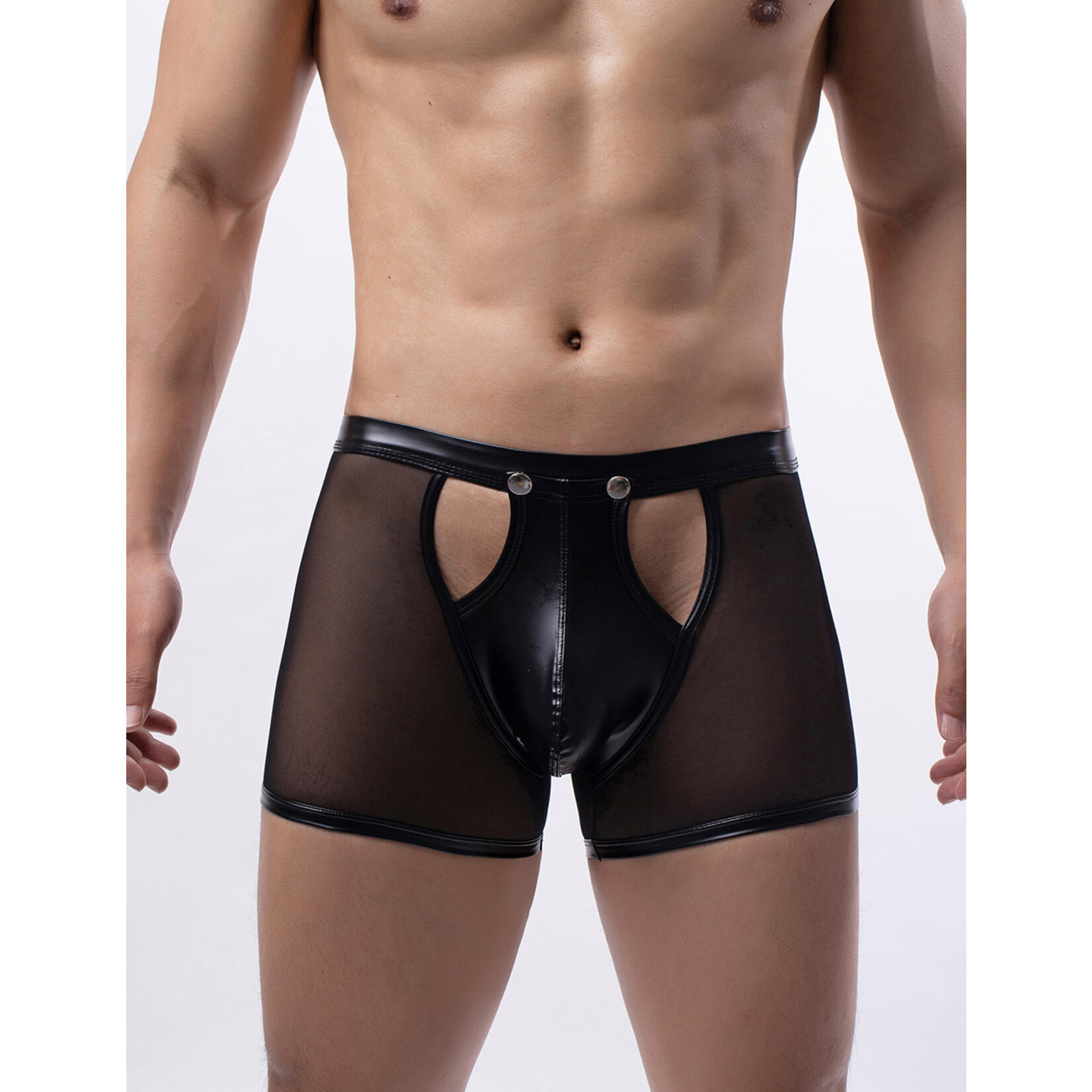 OH YEAH! -  BLACK SEXY MESH OPENABLE CROTCH IMITATION LEATHER MEN'S BOXER UNDERWEAR BLACK SMALL