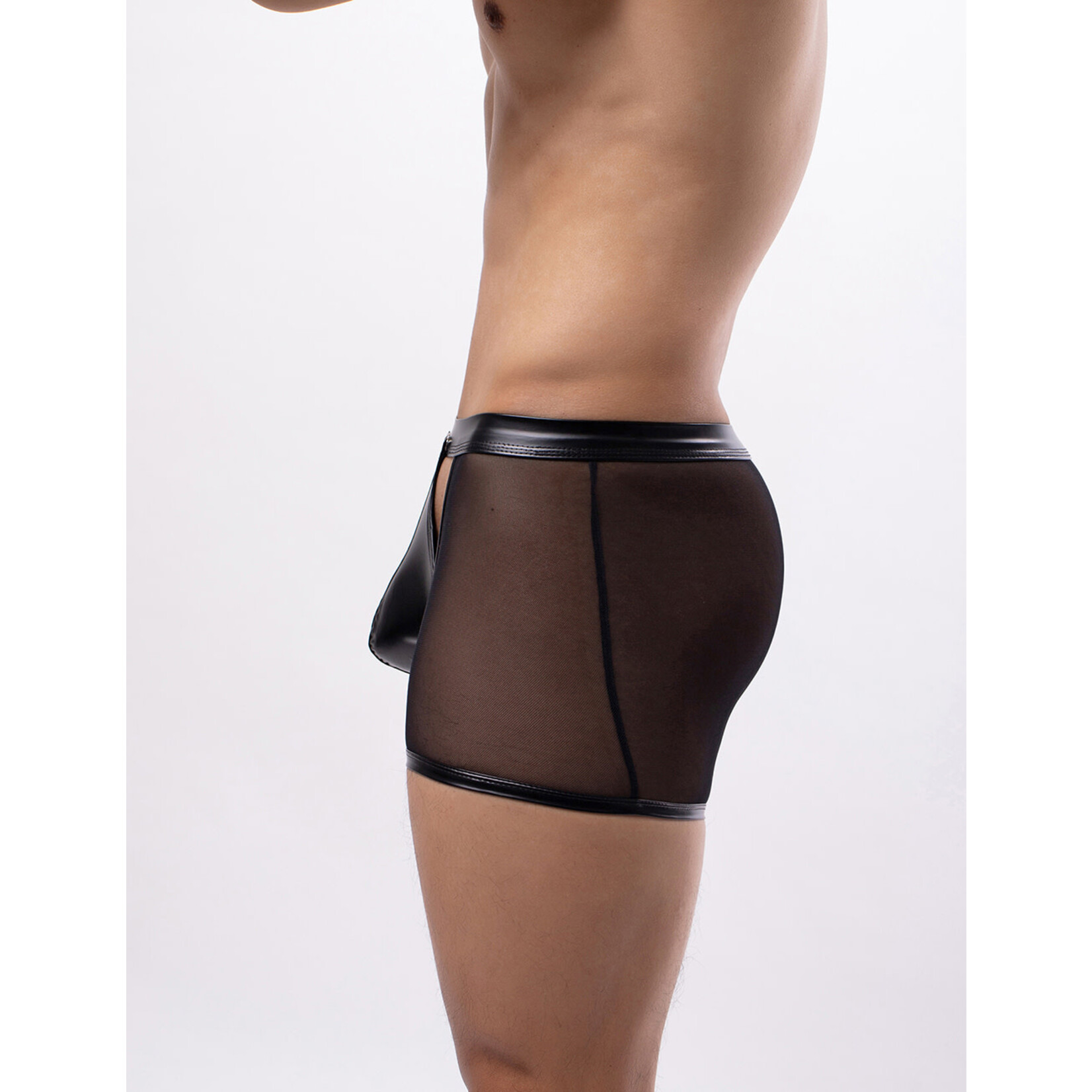 OH YEAH! -  BLACK SEXY MESH OPENABLE CROTCH IMITATION LEATHER MEN'S BOXER UNDERWEAR BLACK SMALL