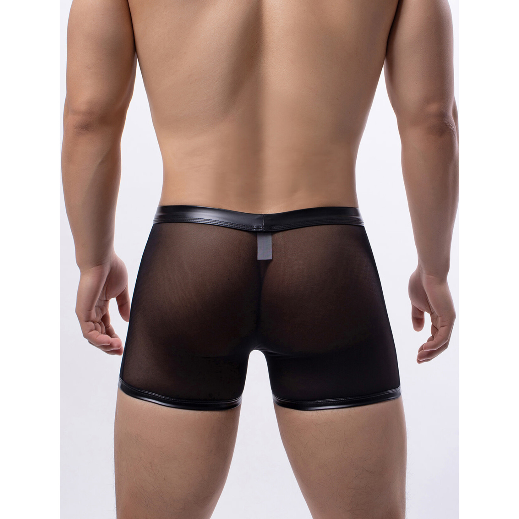 OH YEAH! -  BLACK SEXY MESH OPENABLE CROTCH IMITATION LEATHER MEN'S BOXER UNDERWEAR BLACK MEDIUM