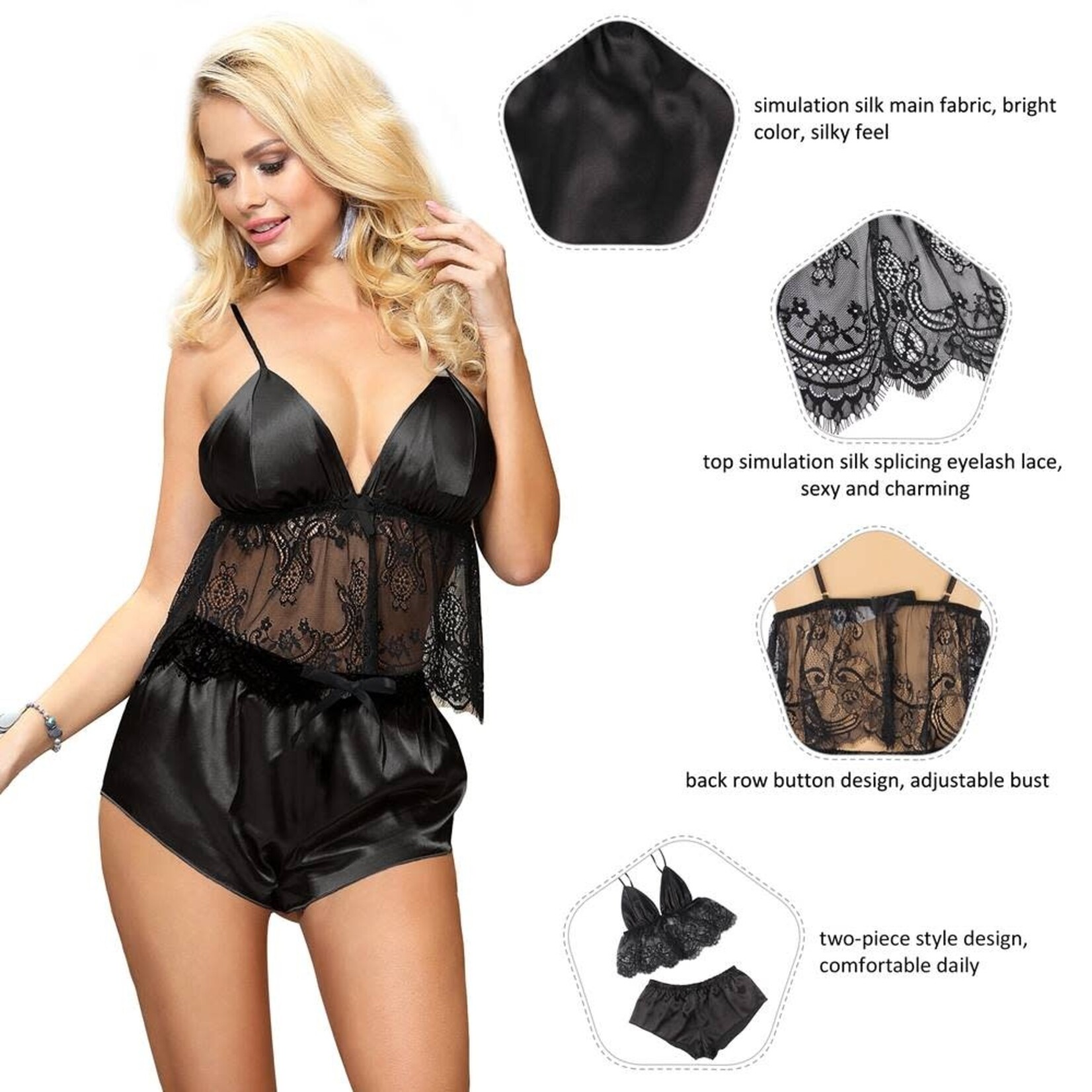 OH YEAH! -  FASHION EYELASH LACE SILK CAMISOLE 2 PIECE HOME PAJAMAS AS SHOWN XS-S