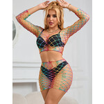 OH YEAH! -  RAINBOW COLORFUL LONG SLEEVE TWO PIECE FISHNET BODYSTOCKING AS SHOWN XS-M