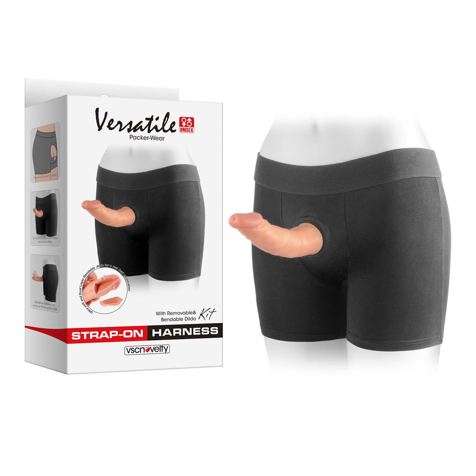 PACKER-WEAR UNISEX STRAP-ON HARNESS BOXER SHORTS KIT WITH DUAL LAYER BENDABLE DILDO 7.5"