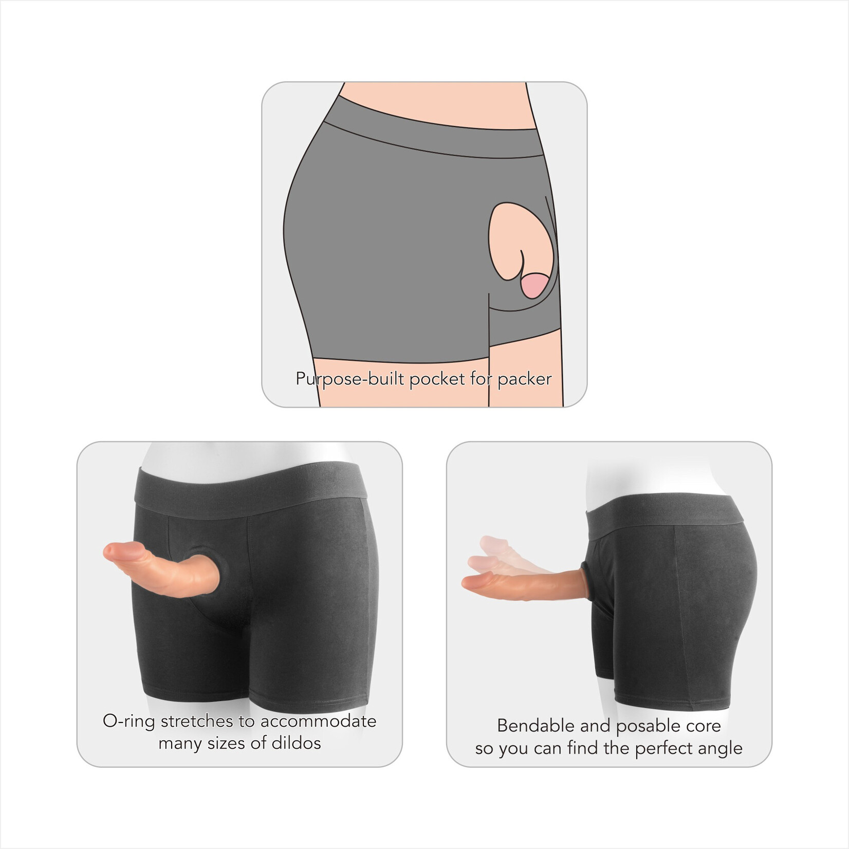 PACKER-WEAR UNISEX STRAP-ON HARNESS BOXER SHORTS KIT WITH DUAL LAYER BENDABLE DILDO 7.5"