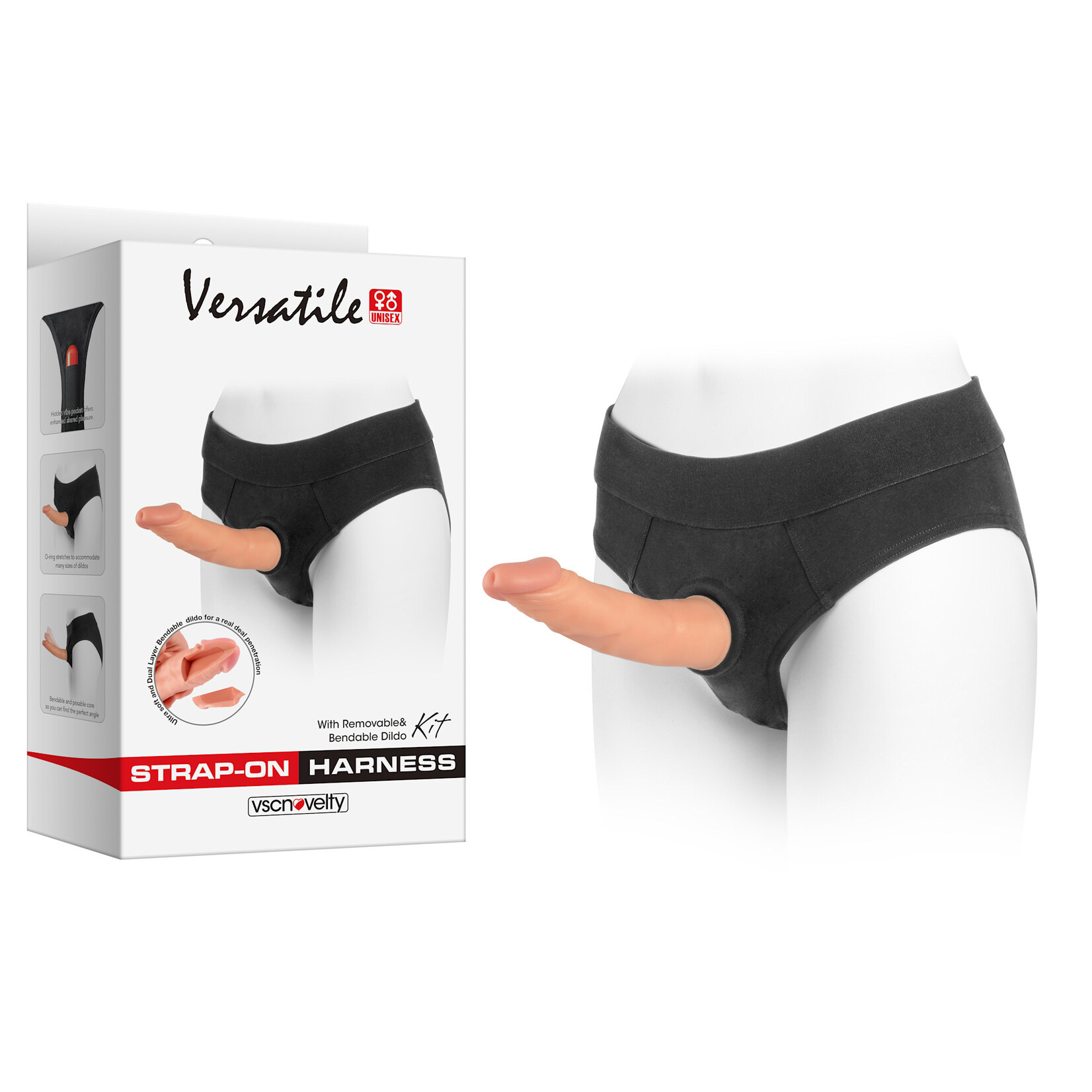 VERSATILE UNISEX STRAP-ON HARNESS BRIEFS KIT WITH DUAL LAYER BENDABLE DILDO 7.5"