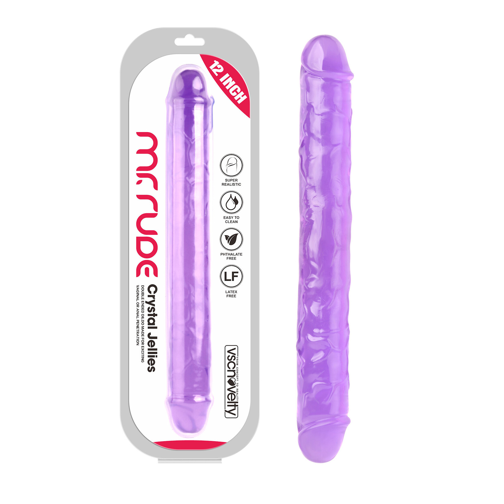 12" MR. RUDE -CRYSTAL JELLIES REALISTIC DOUBLE-ENDED DILDO PURPLE