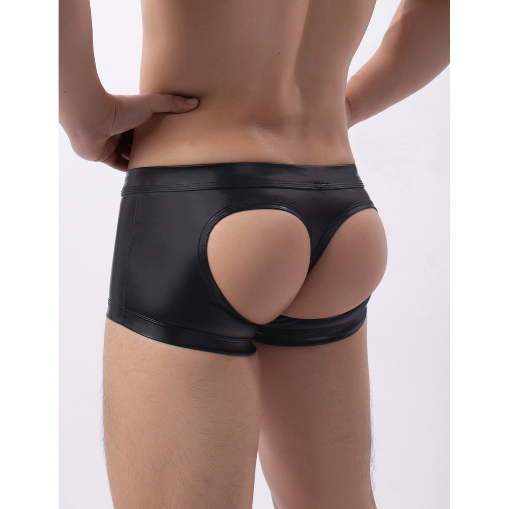 OH YEAH! -  BLACK SEXY PU LEATHER HIP HOLLOW MEN BOXER LARGE BLACK