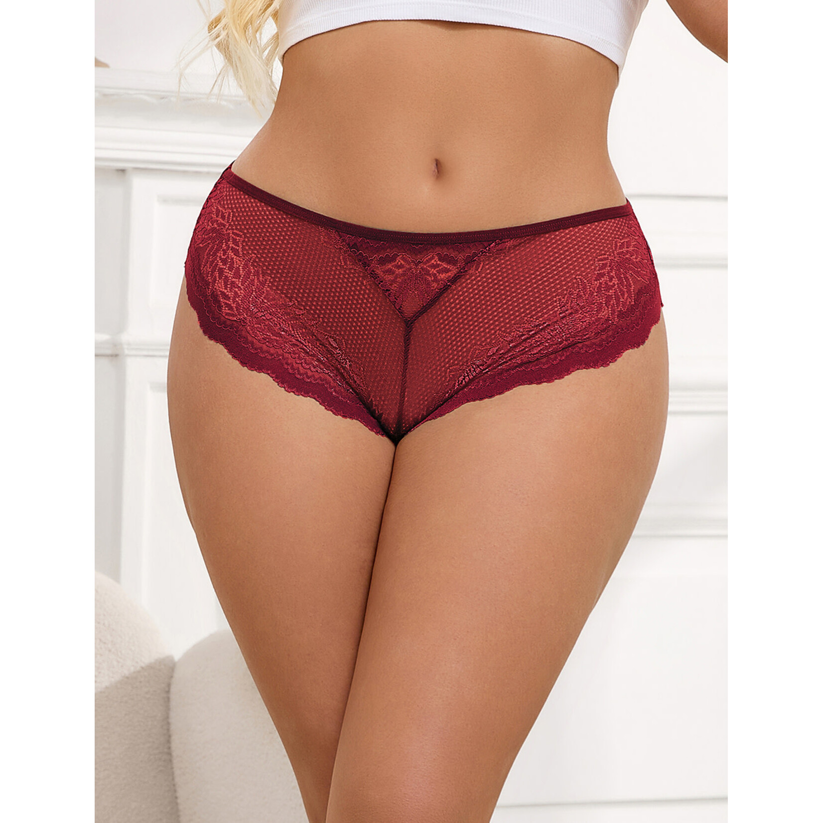 OH YEAH! -  BURGUNDY SEXY METAL HEART LACE HOLLOW OUT WOMEN PANTY   X-LARGE BURGUNDY