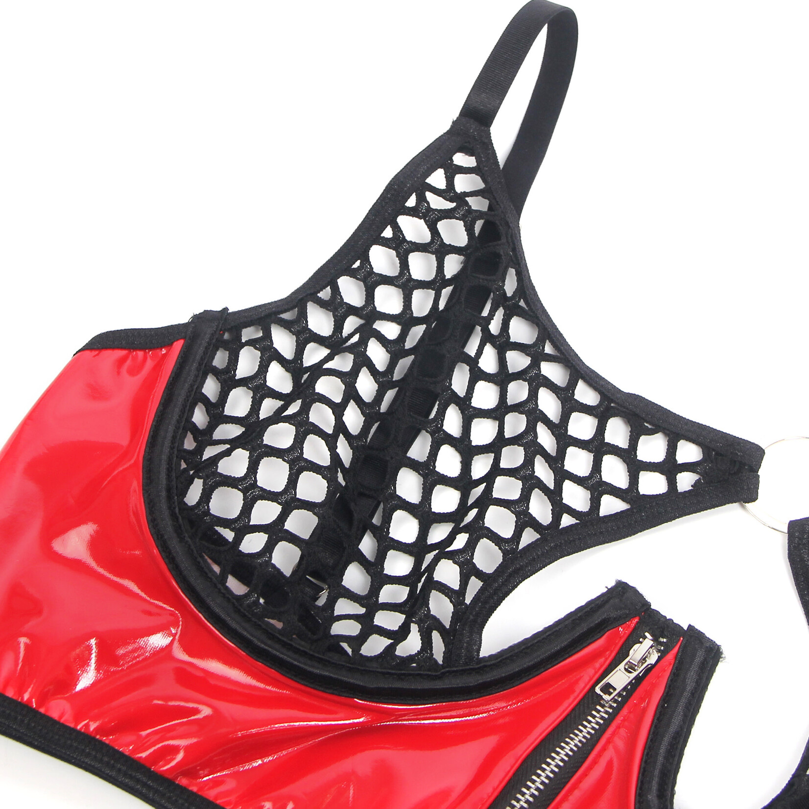 OH YEAH! -  RED SEXY PATENT LEATHER MESH ZIPPERED BRA SET SMALL RED
