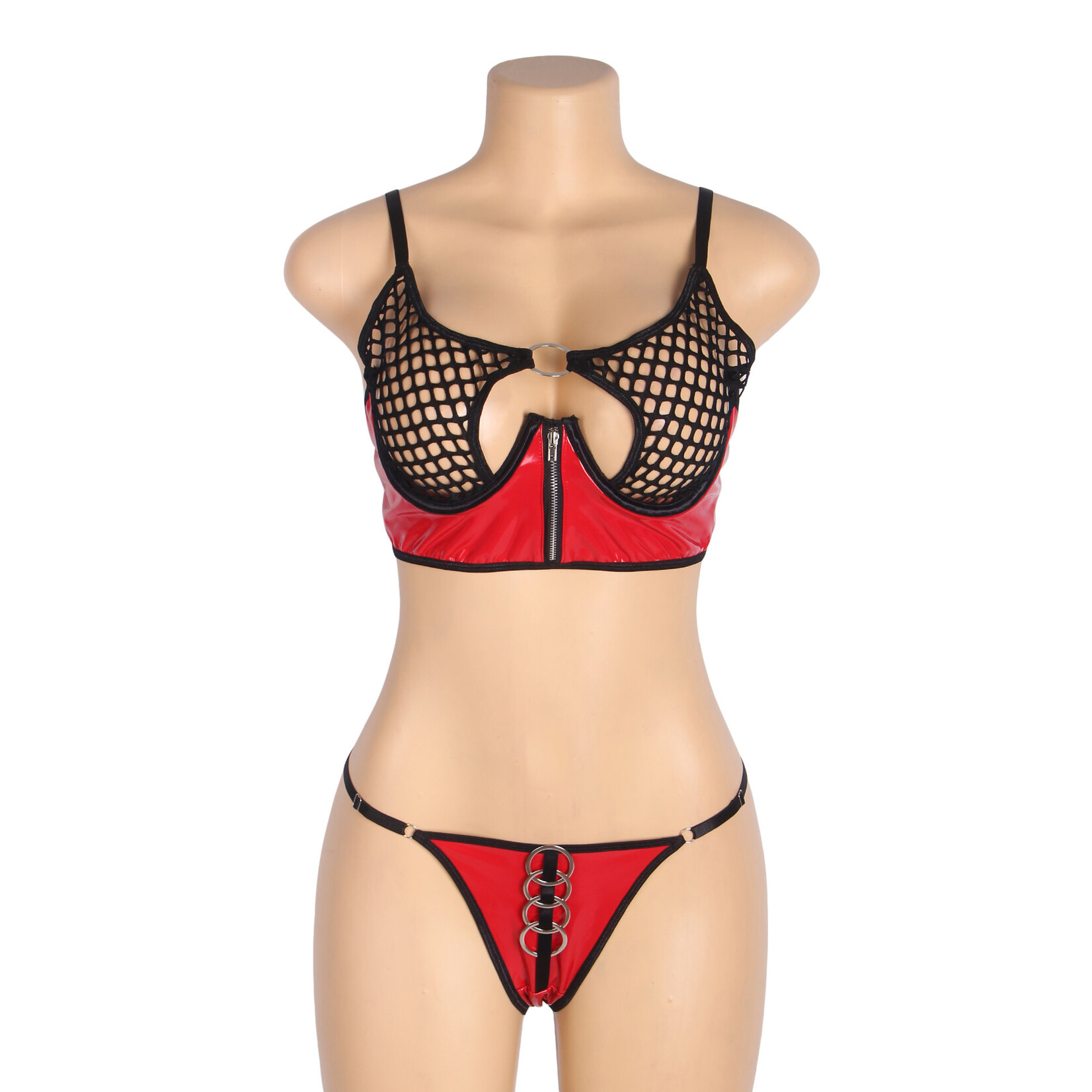 OH YEAH! -  RED SEXY PATENT LEATHER MESH ZIPPERED BRA SET LARGE RED