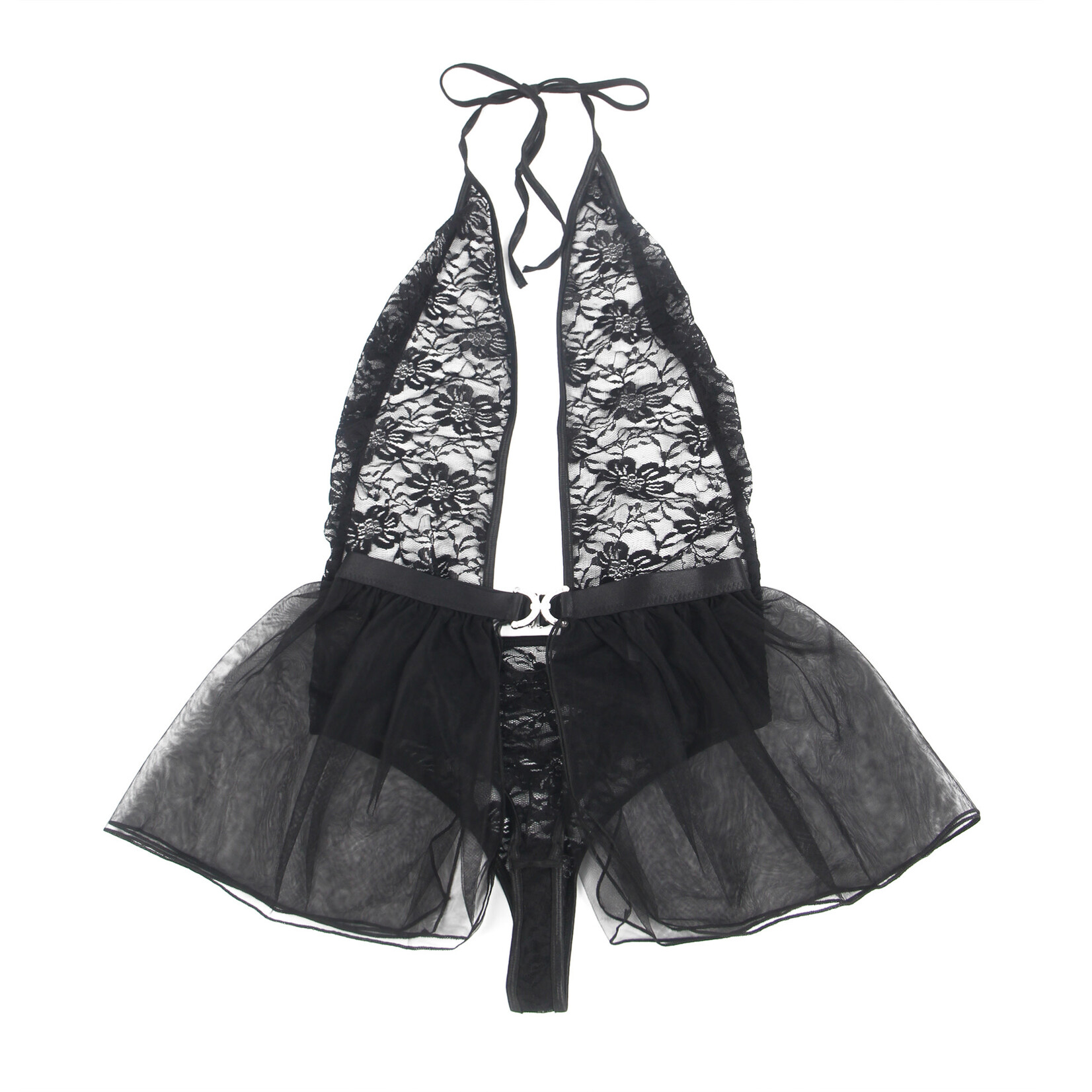 OH YEAH! -  BLACK SEXY LACE MESH HALTER NECK OPEN CROTCH TEDDY LINGERIE 2PCS SET MEDIUM BLACK