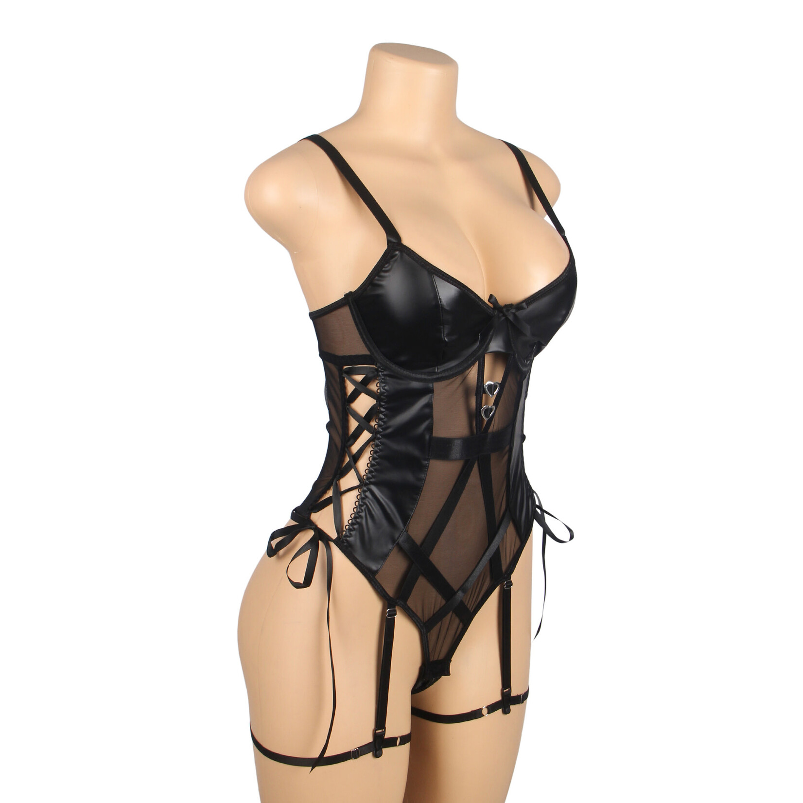 OH YEAH! -  BLACK PU LEATHER MESH SEXY BODYSUIT WITH HOLLOW WAIST MEDIUM BLACK