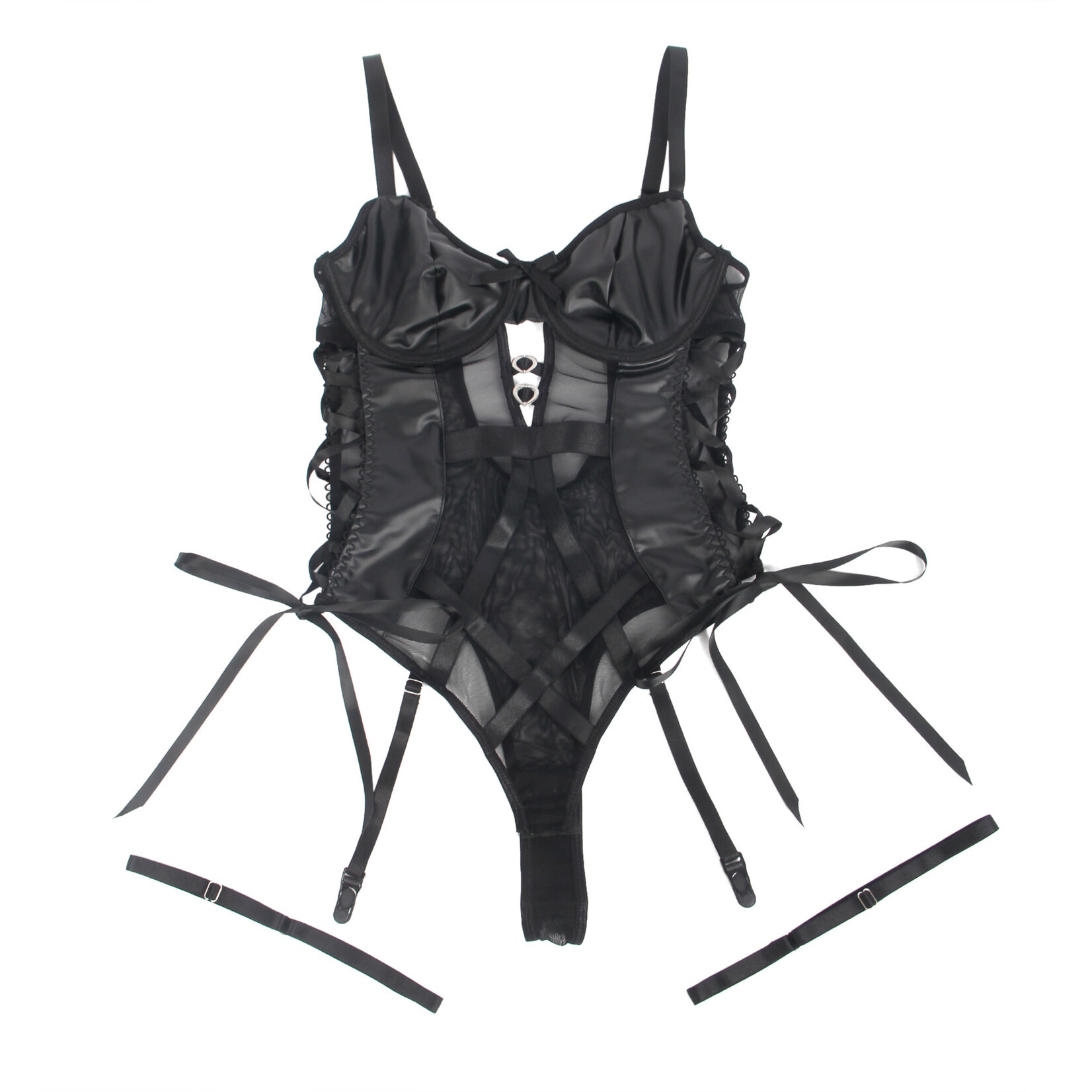 OH YEAH! -  BLACK PU LEATHER MESH SEXY BODYSUIT WITH HOLLOW WAIST MEDIUM BLACK