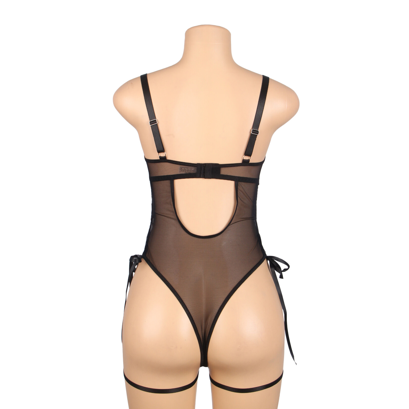 OH YEAH! -  BLACK PU LEATHER MESH SEXY BODYSUIT WITH HOLLOW WAIST X-LARGE BLACK