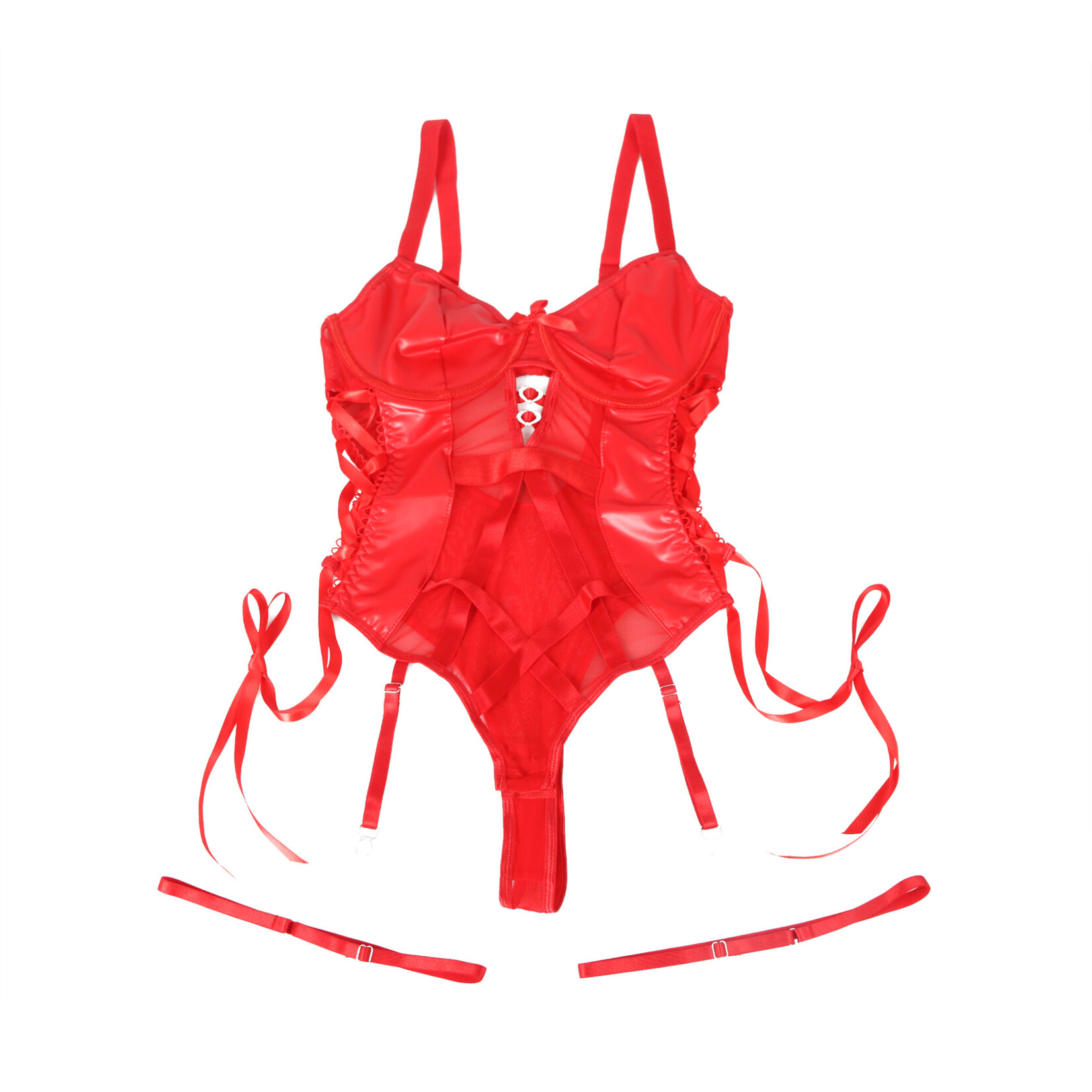 OH YEAH! -  RED PU LEATHER MESH SEXY BODYSUIT WITH HOLLOW WAIST MEDIUM RED