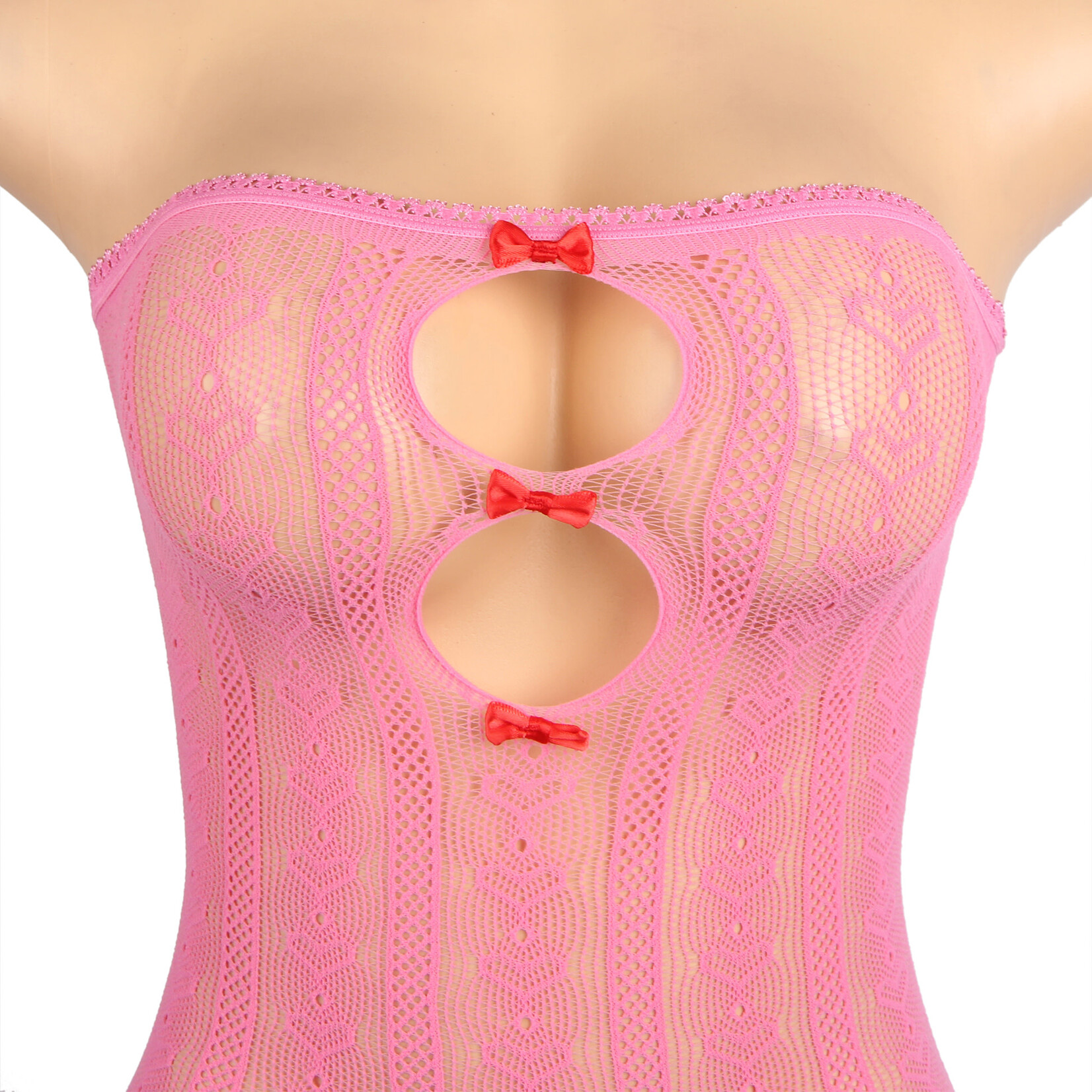OH YEAH! -  PINK SEXY LONG SLEEVES HOLLOW OUT BOW BODYSTOCKING  3XL-5XL PINK