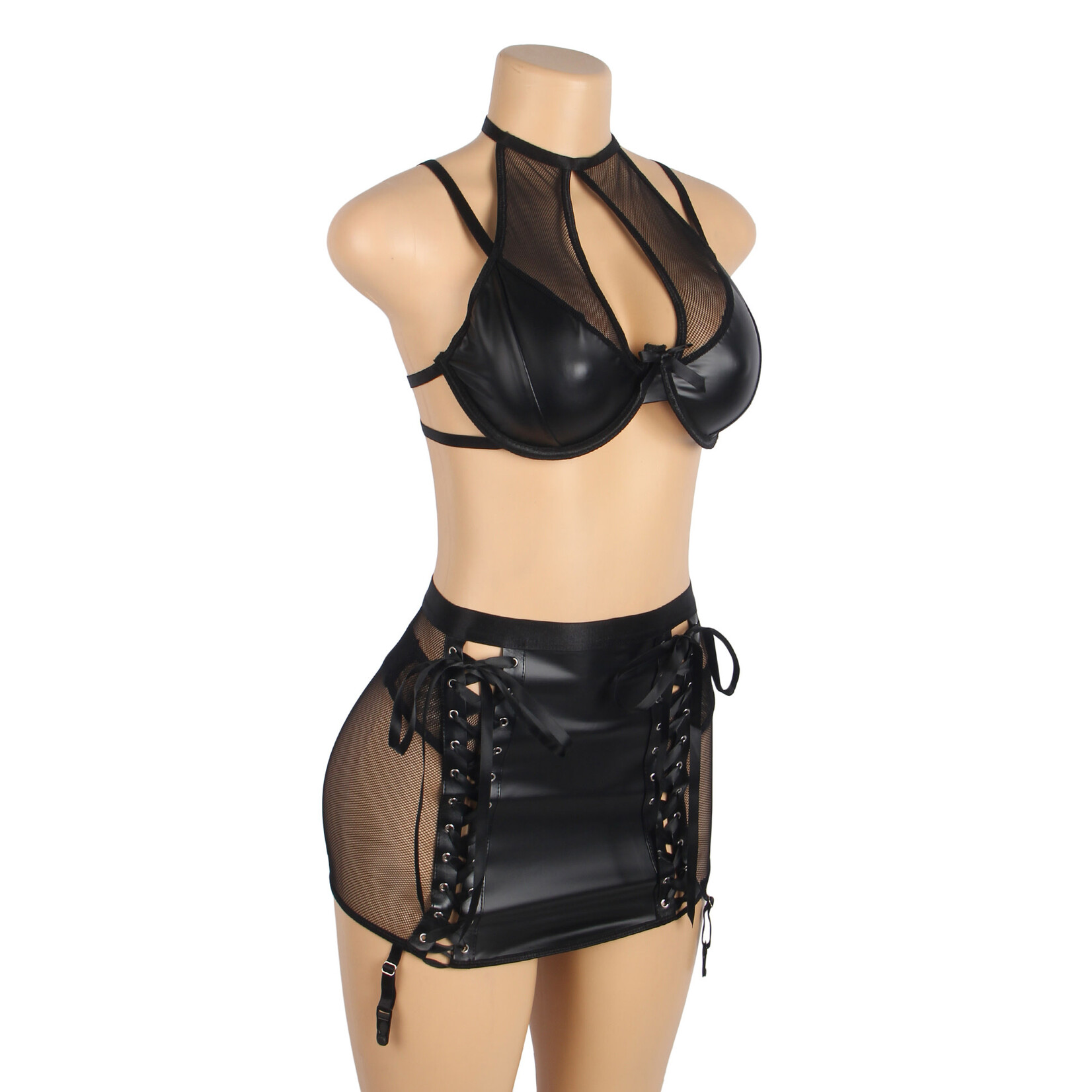 OH YEAH! -  BLACK PU LEATHER MESH GARTER BELT SEXY HALTER NECK LINGERIE SET LARGE BLACK