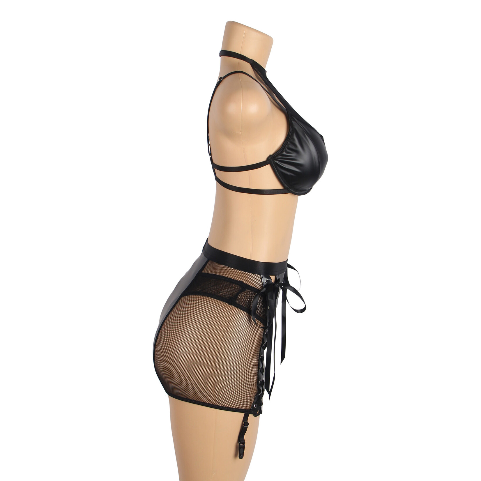 OH YEAH! -  BLACK PU LEATHER MESH GARTER BELT SEXY HALTER NECK LINGERIE SET LARGE BLACK