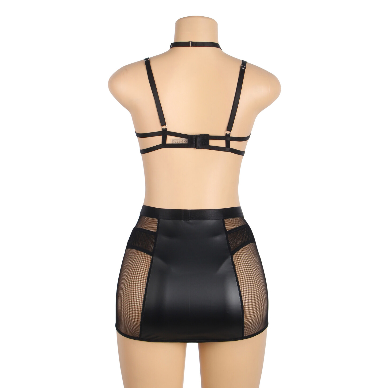 OH YEAH! -  BLACK PU LEATHER MESH GARTER BELT SEXY HALTER NECK LINGERIE SET LARGE BLACK