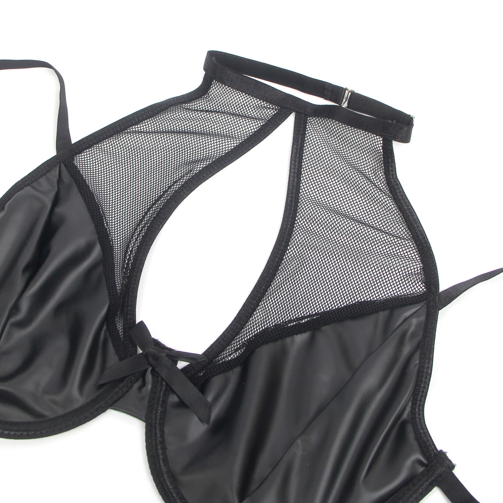 OH YEAH! -  BLACK PU LEATHER MESH GARTER BELT SEXY HALTER NECK LINGERIE SET 2XL BLACK