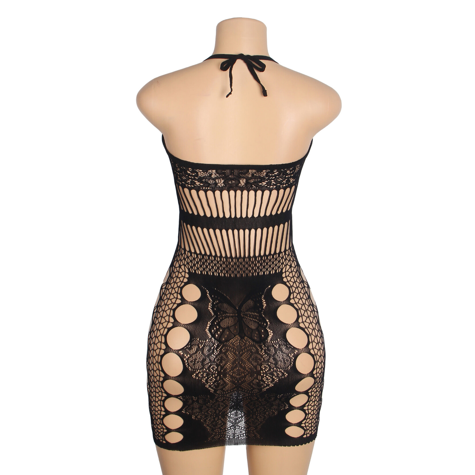OH YEAH! -  BLACK SEXY JACQUARD HOLLOW OUT HALTER BODYSTOCKING DRESS ONE SIZE BLACK
