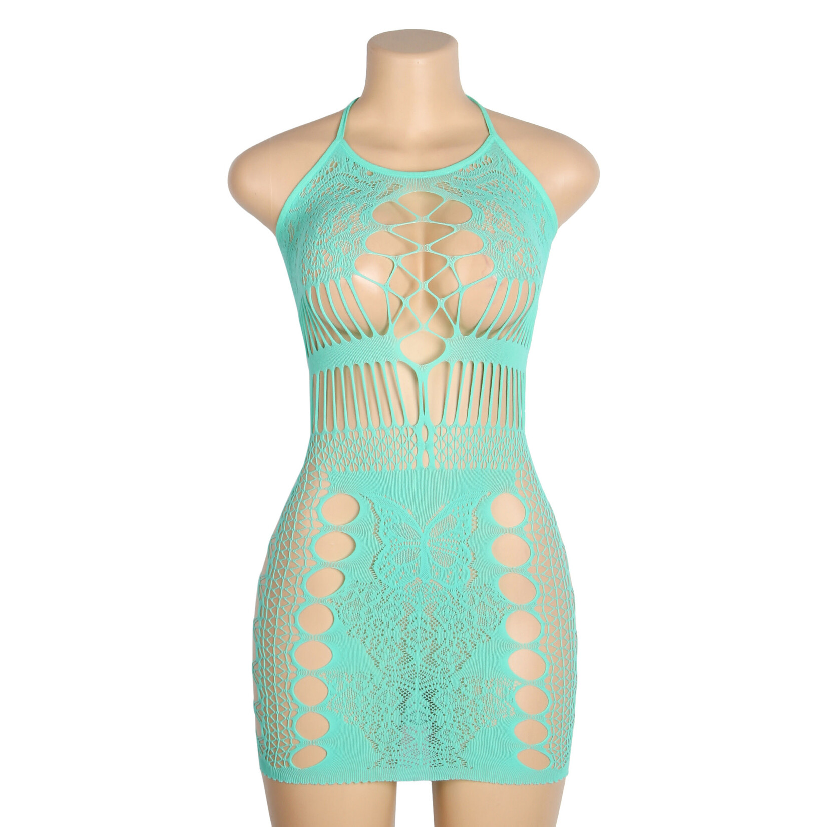 OH YEAH! -  CYAN SEXY JACQUARD HOLLOW OUT HALTER BODYSTOCKING DRESS ONE SIZE CYAN