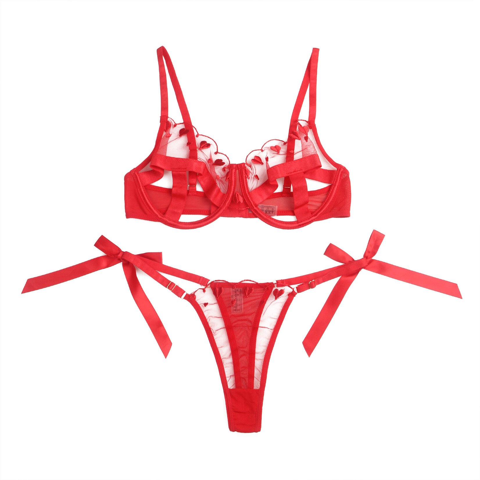 OH YEAH! -  RED SEXY MESH EMBROIDERY HEART BRA SET 2XL RED