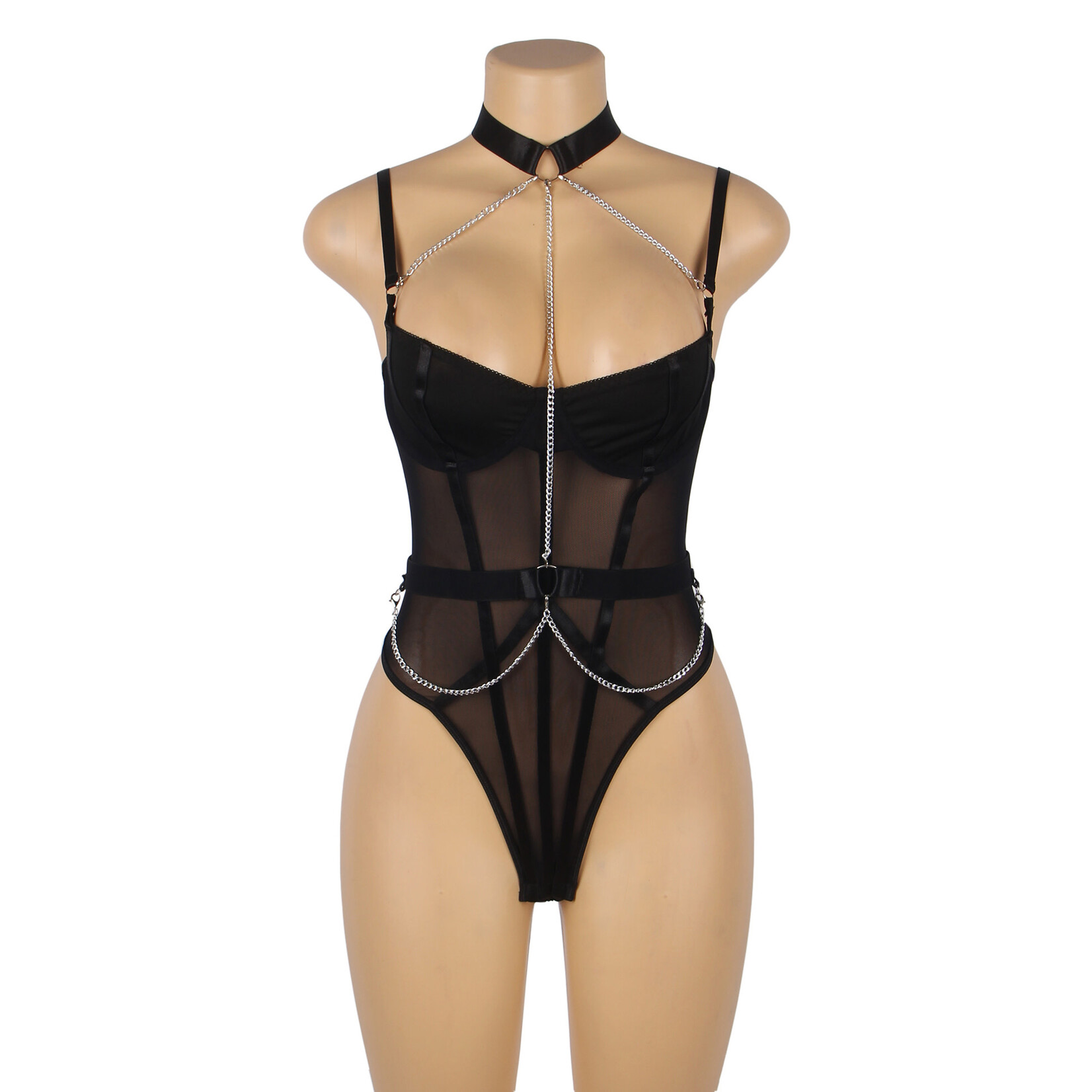 OH YEAH! -  BLACK MESH CHAIN SUSPENDER BODYSUIT XS-S BLACK