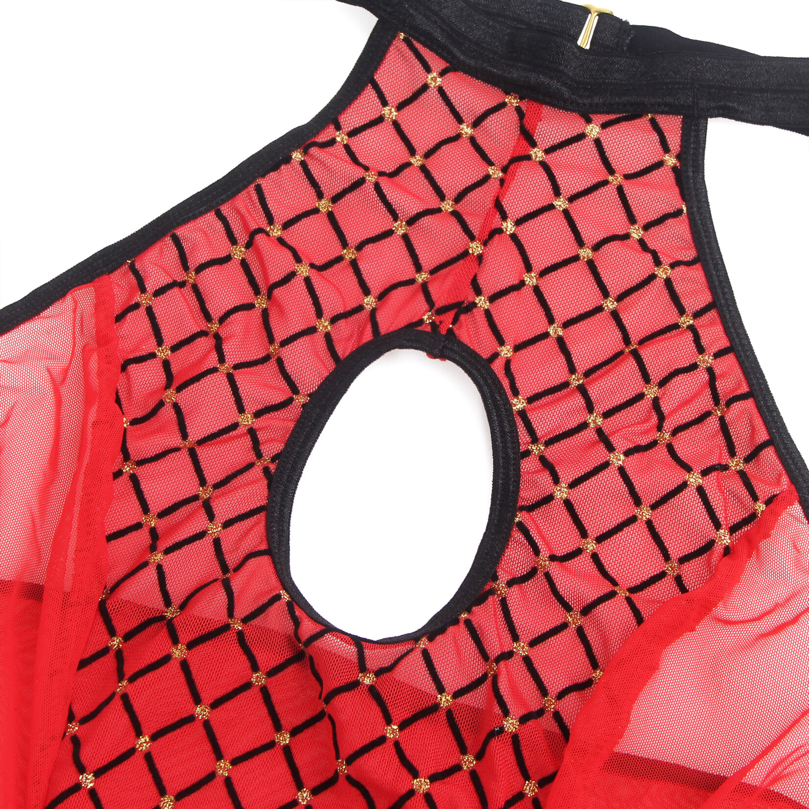 OH YEAH! -  RED SEXY FLOCKED MESH HALTER NECK CROTCHLESS BODYSUIT X-LARGE RED