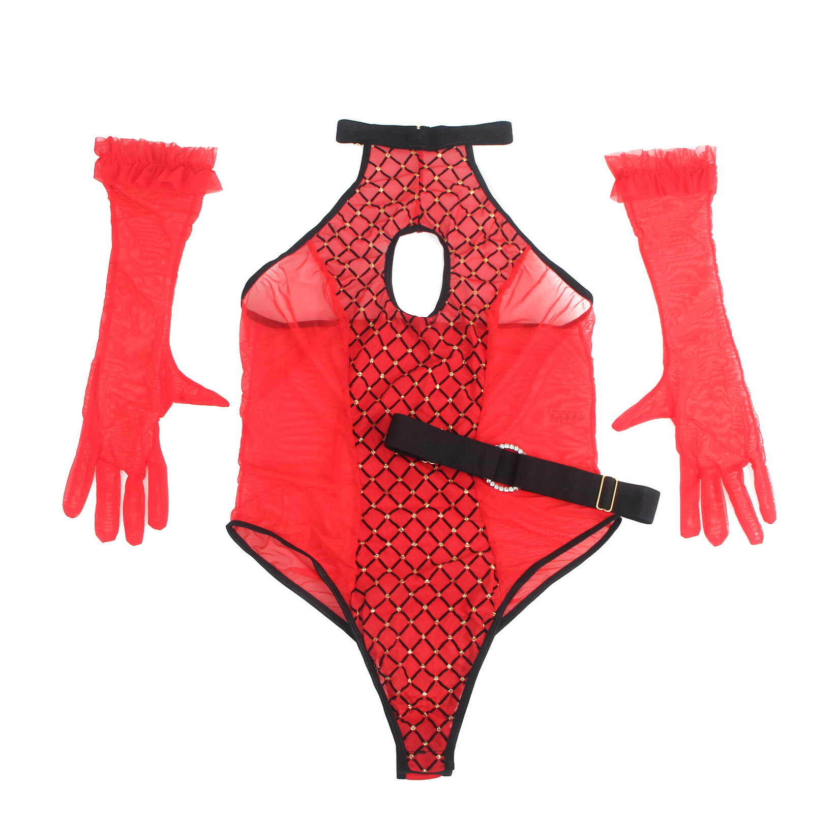 OH YEAH! -  RED SEXY FLOCKED MESH HALTER NECK CROTCHLESS BODYSUIT X-LARGE RED