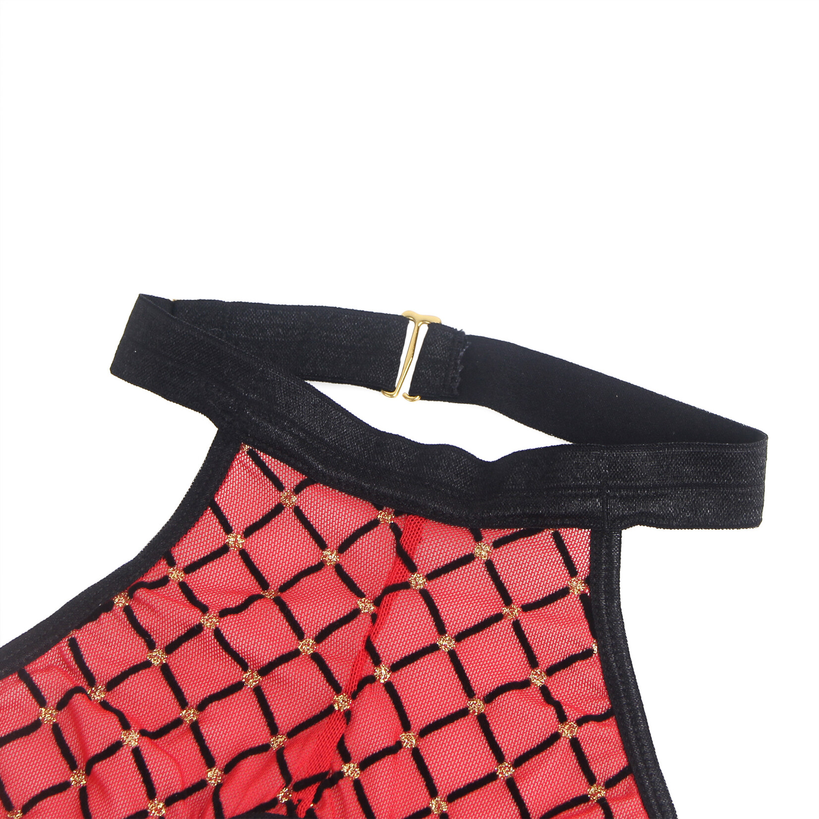OH YEAH! -  RED SEXY FLOCKED MESH HALTER NECK CROTCHLESS BODYSUIT X-LARGE RED