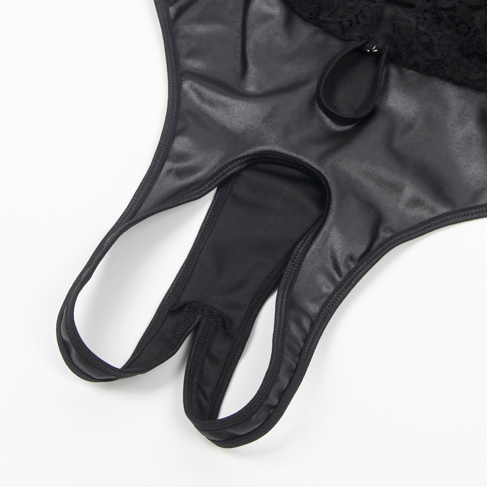 OH YEAH! -  BLACK SLEEVELESS LACE DEEP V-NECK FAUX LEATHER BODYSUIT M-L BLACK