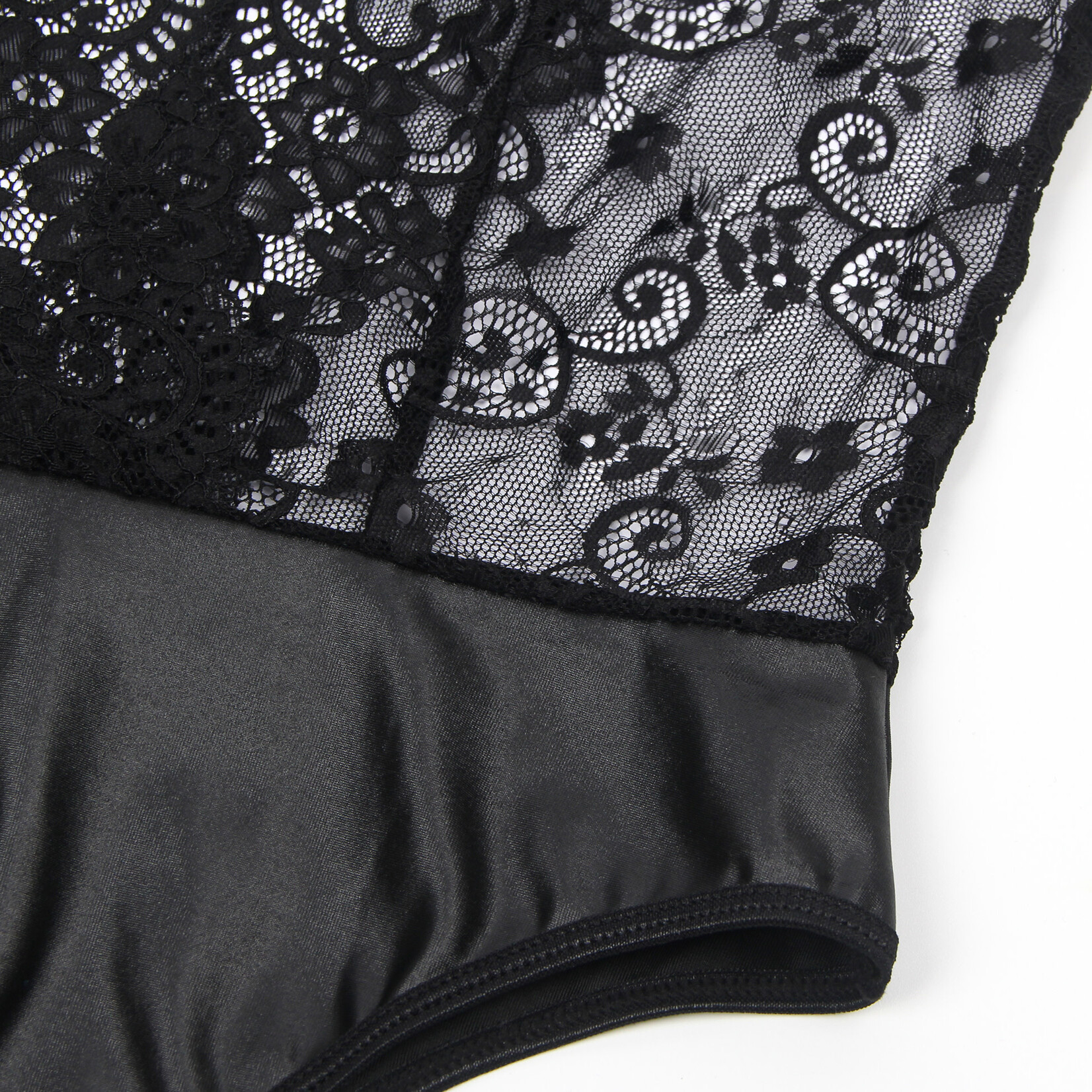 OH YEAH! -  BLACK SLEEVELESS LACE DEEP V-NECK FAUX LEATHER BODYSUIT XL-2XL BLACK
