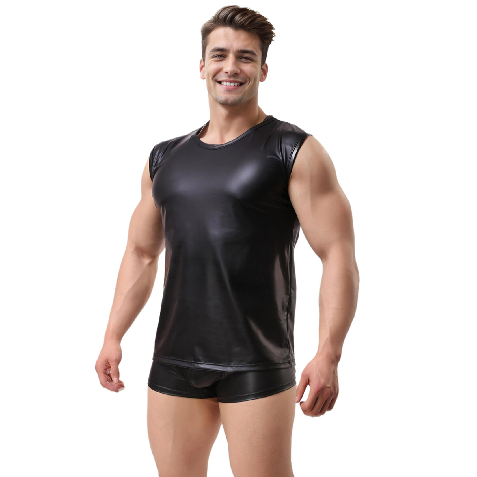 OH YEAH! -  BLACK MEN PU LEATHER SLEEVELESS T-SHIRT TOP X-LARGE BLACK