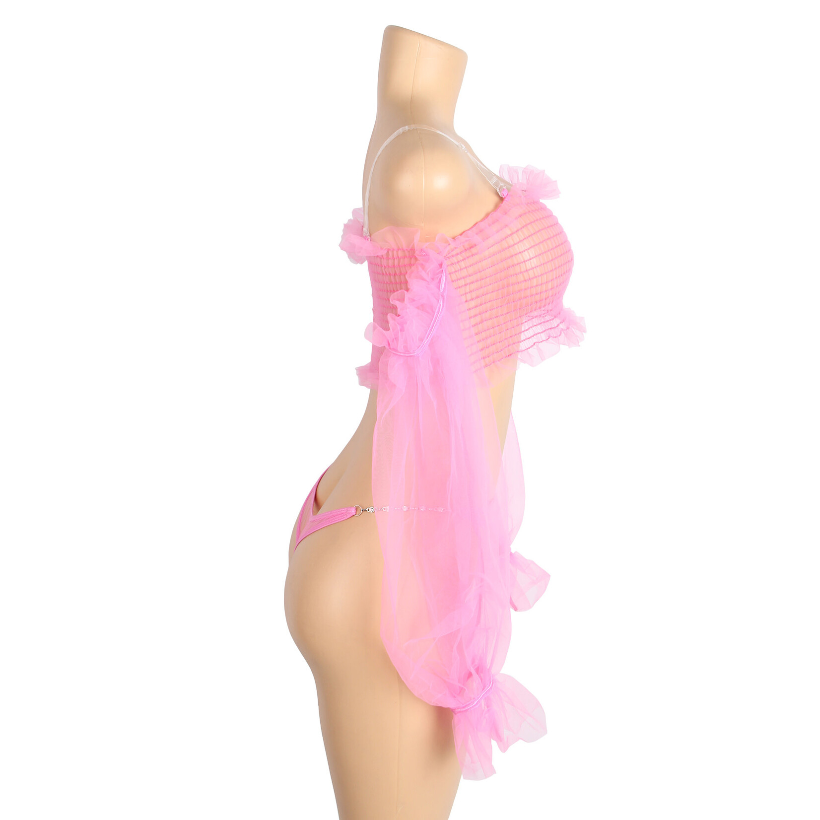 OH YEAH! -  PINK SEXY SEE THROUGH MESH METAL CHAIN LONG SLEEVES LINGERIE SET MEDIUM PINK