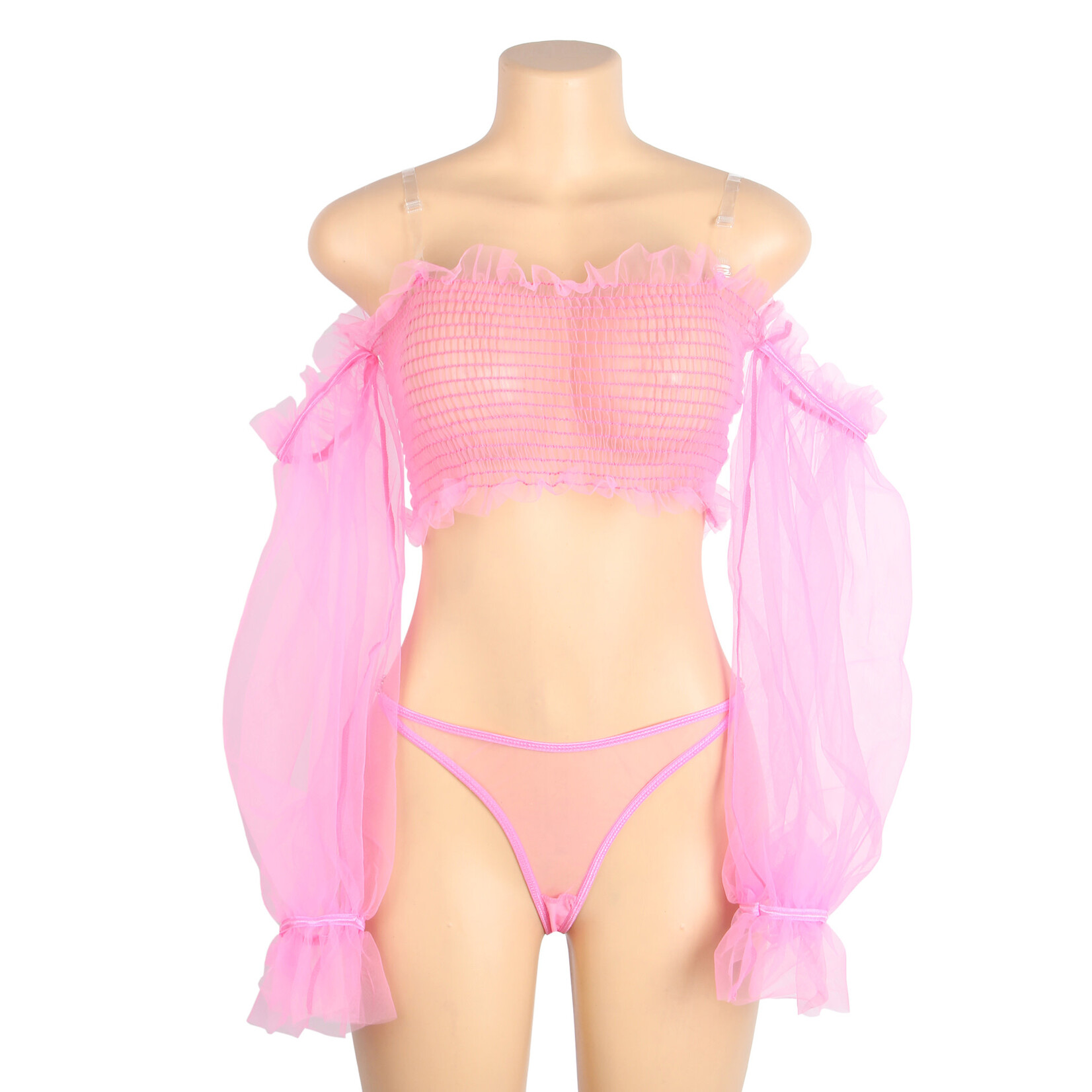 OH YEAH! -  PINK SEXY SEE THROUGH MESH METAL CHAIN LONG SLEEVES LINGERIE SET X-LARGE PINK