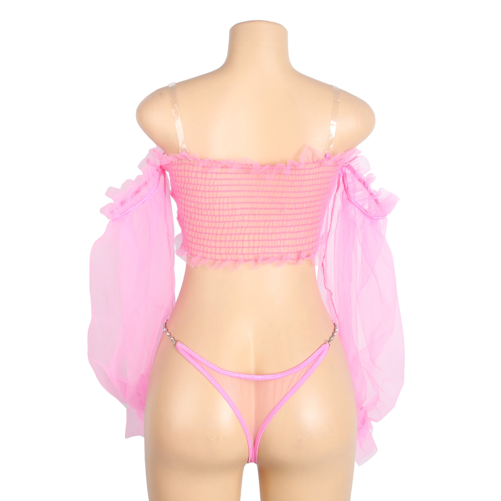 OH YEAH! -  PINK SEXY SEE THROUGH MESH METAL CHAIN LONG SLEEVES LINGERIE SET X-LARGE PINK