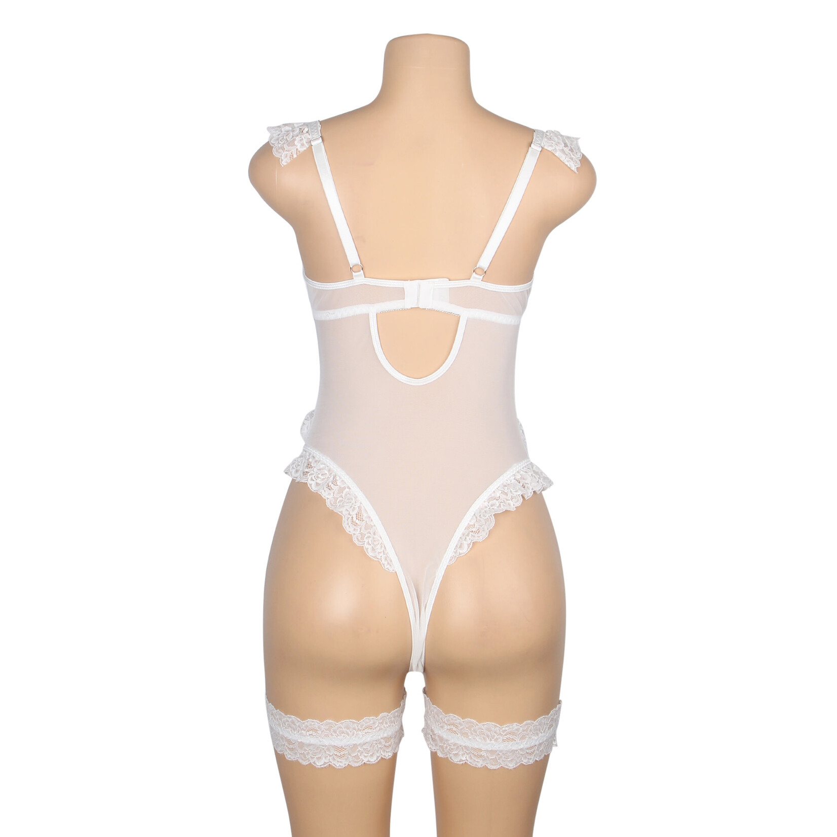 OH YEAH! -  WHITE SEXY JACQUARD LACE MESH CROTCHLESS BODYSUIT WITH GARTER LARGE WHITE