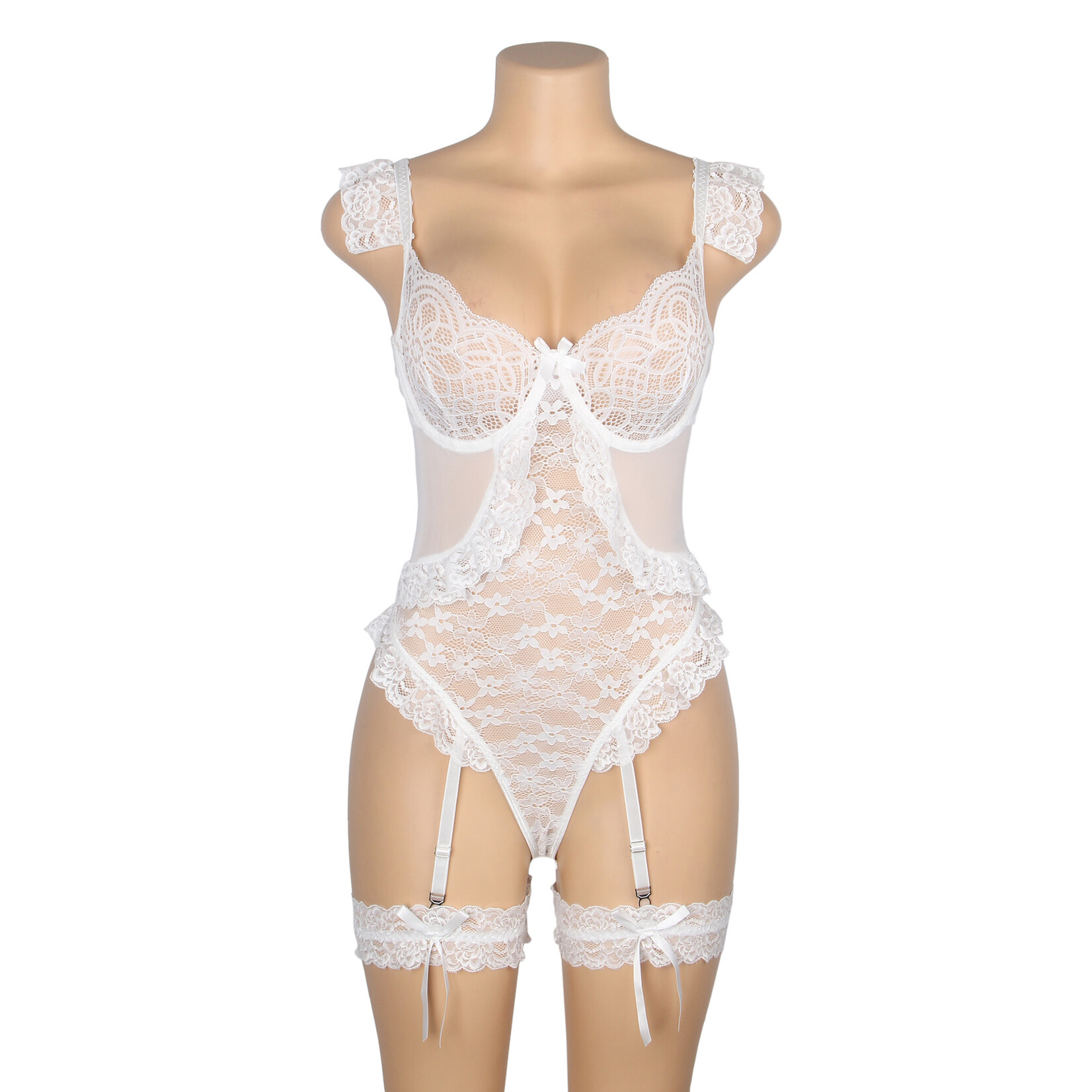 OH YEAH! -  WHITE SEXY JACQUARD LACE MESH CROTCHLESS BODYSUIT WITH GARTER MEDIUM WHITE