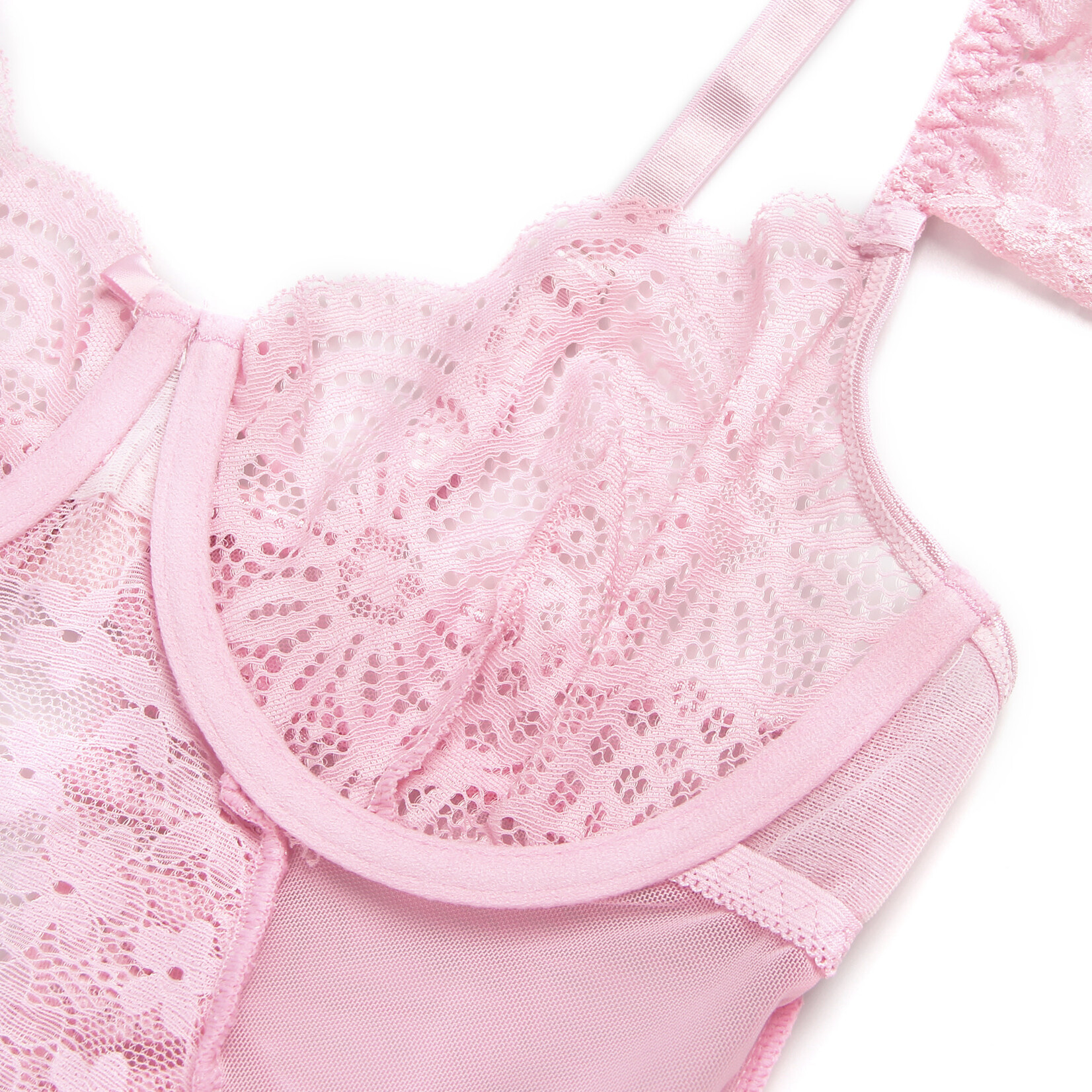 OH YEAH! -  PINK SEXY JACQUARD LACE MESH CROTCHLESS BODYSUIT WITH GARTER LARGE PINK