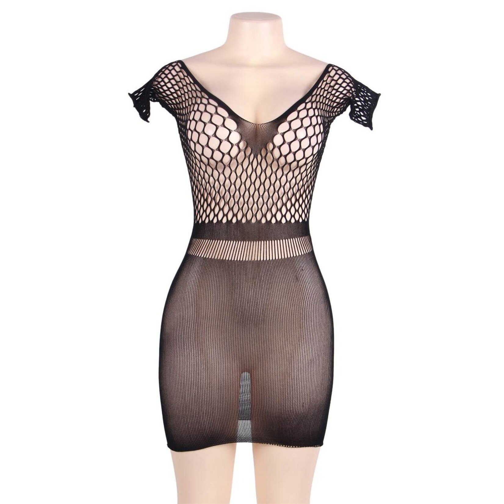OH YEAH! -  PLUS SIZE CROTCHET MESH HOLLOW-OUT MINI CHEMISE DRESS L-2XL AS SHOWN