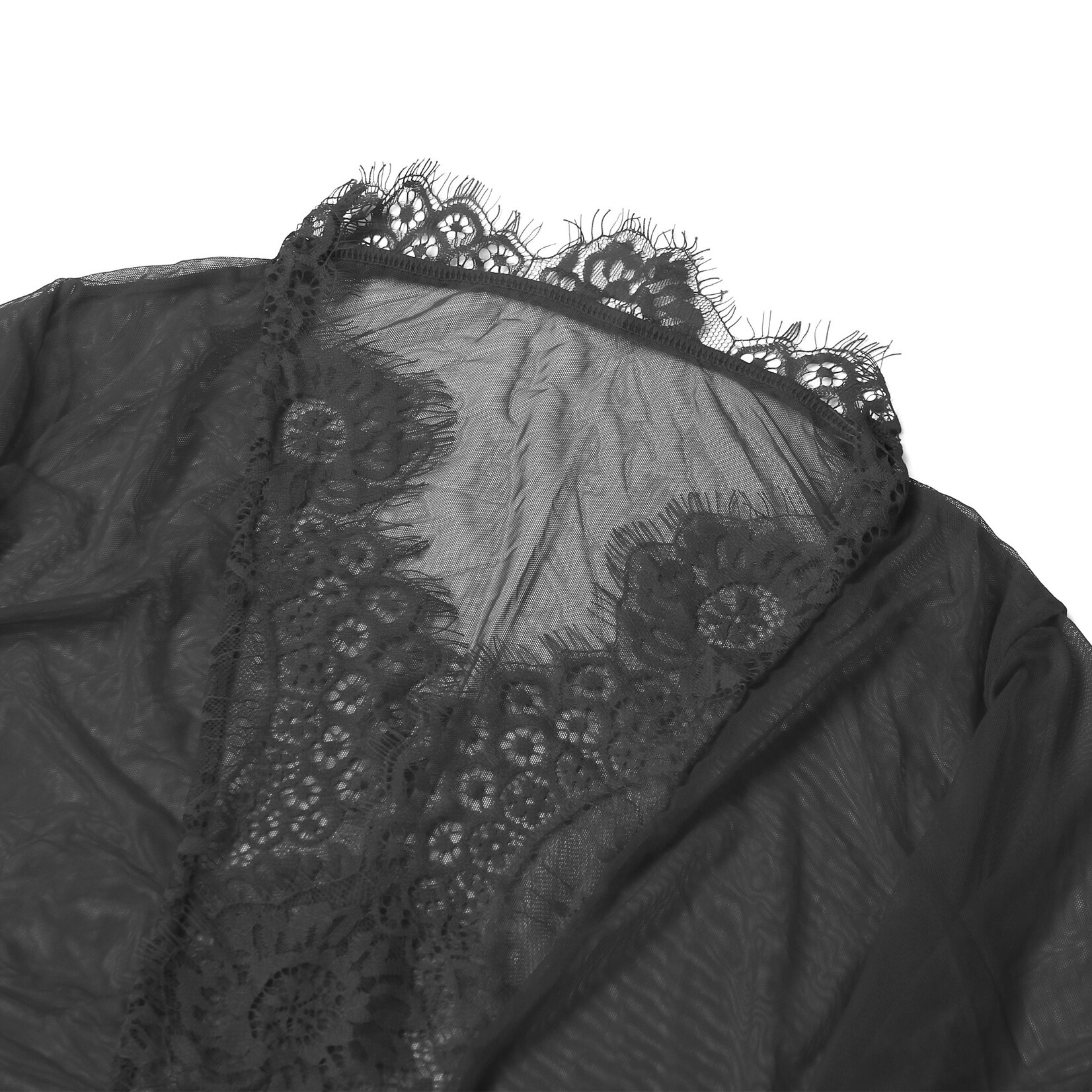 OH YEAH! -  BLACK SEXY MESH EYELASH LACE LONG NIGHTGOWN WITH BELT XS-S BLACK