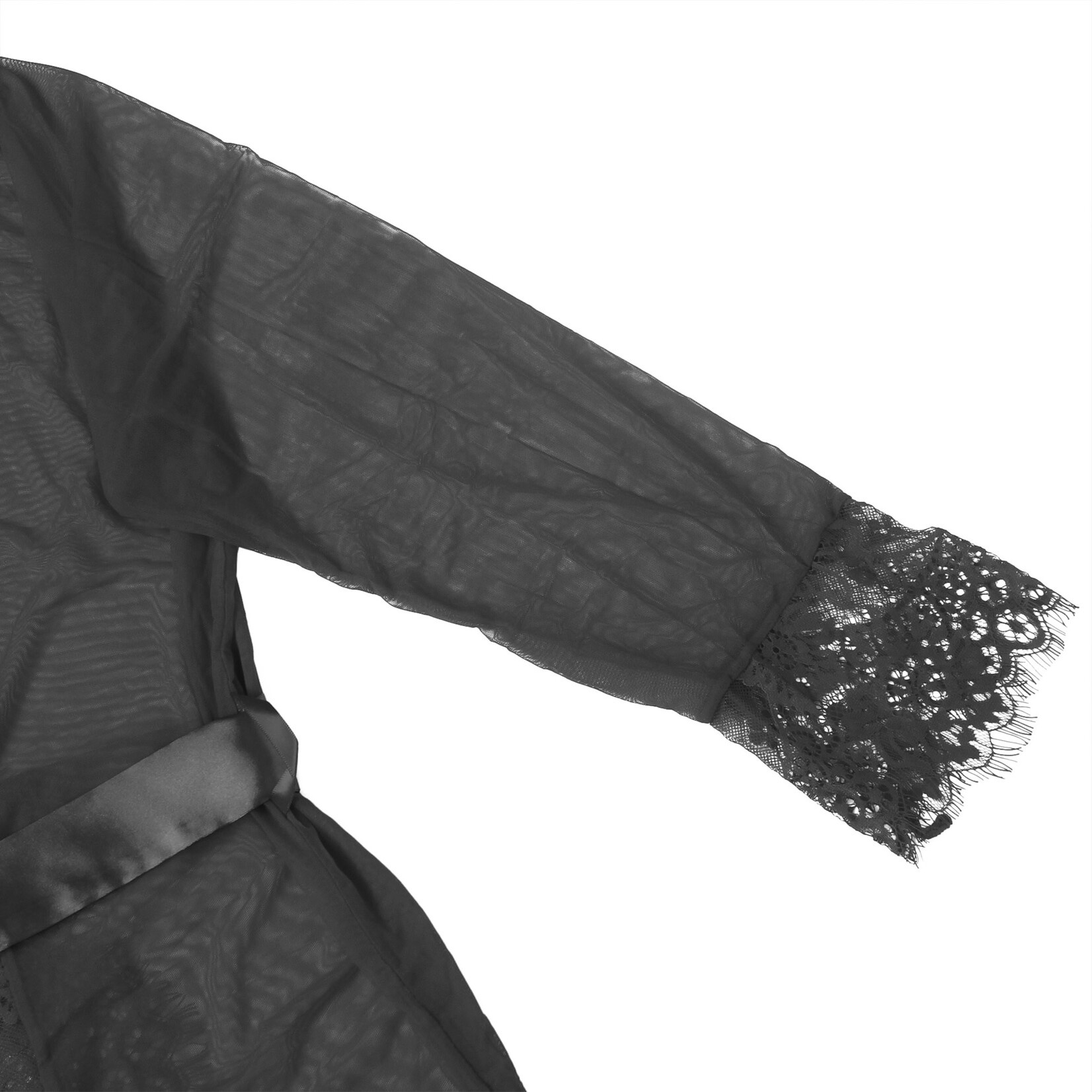 OH YEAH! -  BLACK SEXY MESH EYELASH LACE LONG NIGHTGOWN WITH BELT M-L BLACK