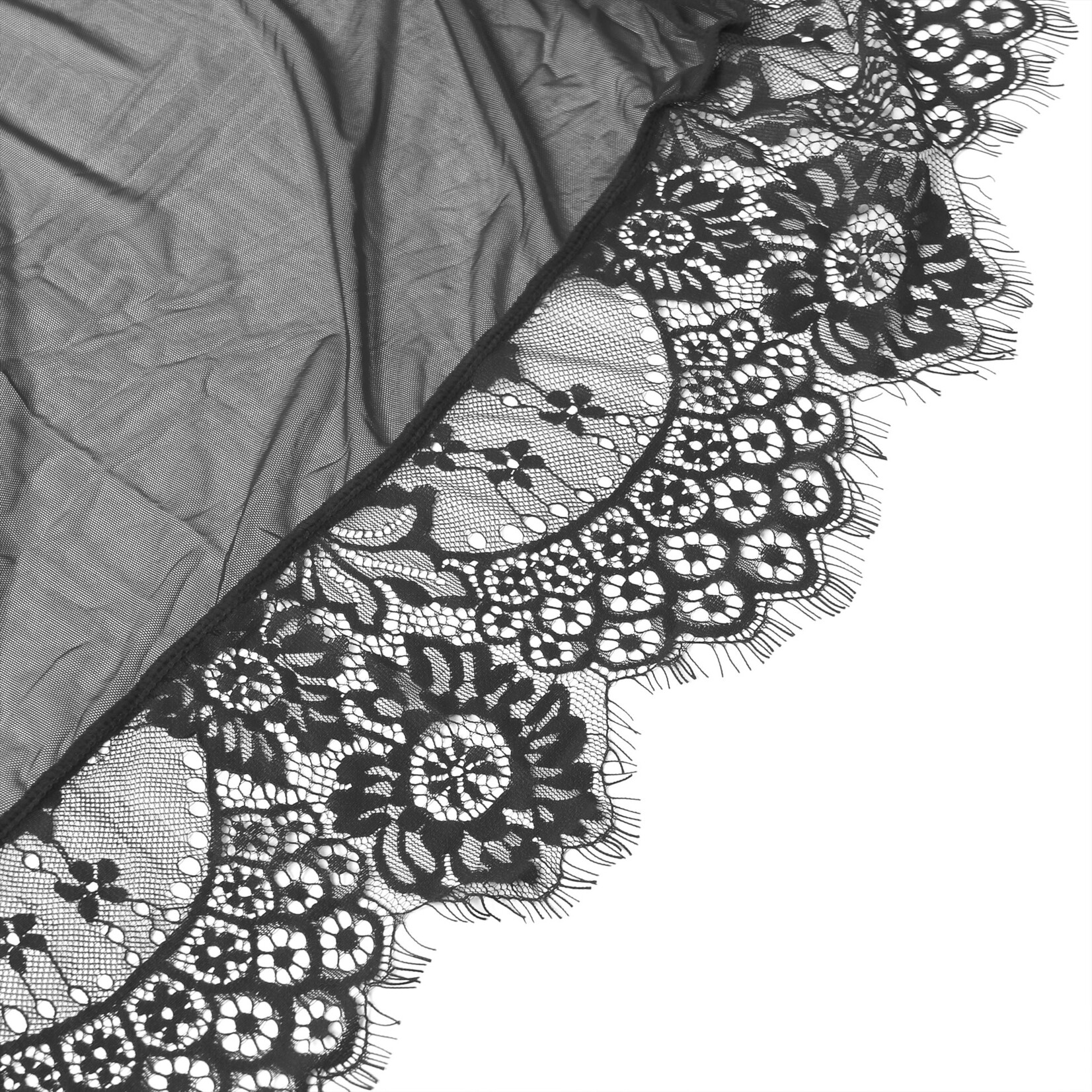 OH YEAH! -  BLACK SEXY MESH EYELASH LACE LONG NIGHTGOWN WITH BELT XL-2XL BLACK