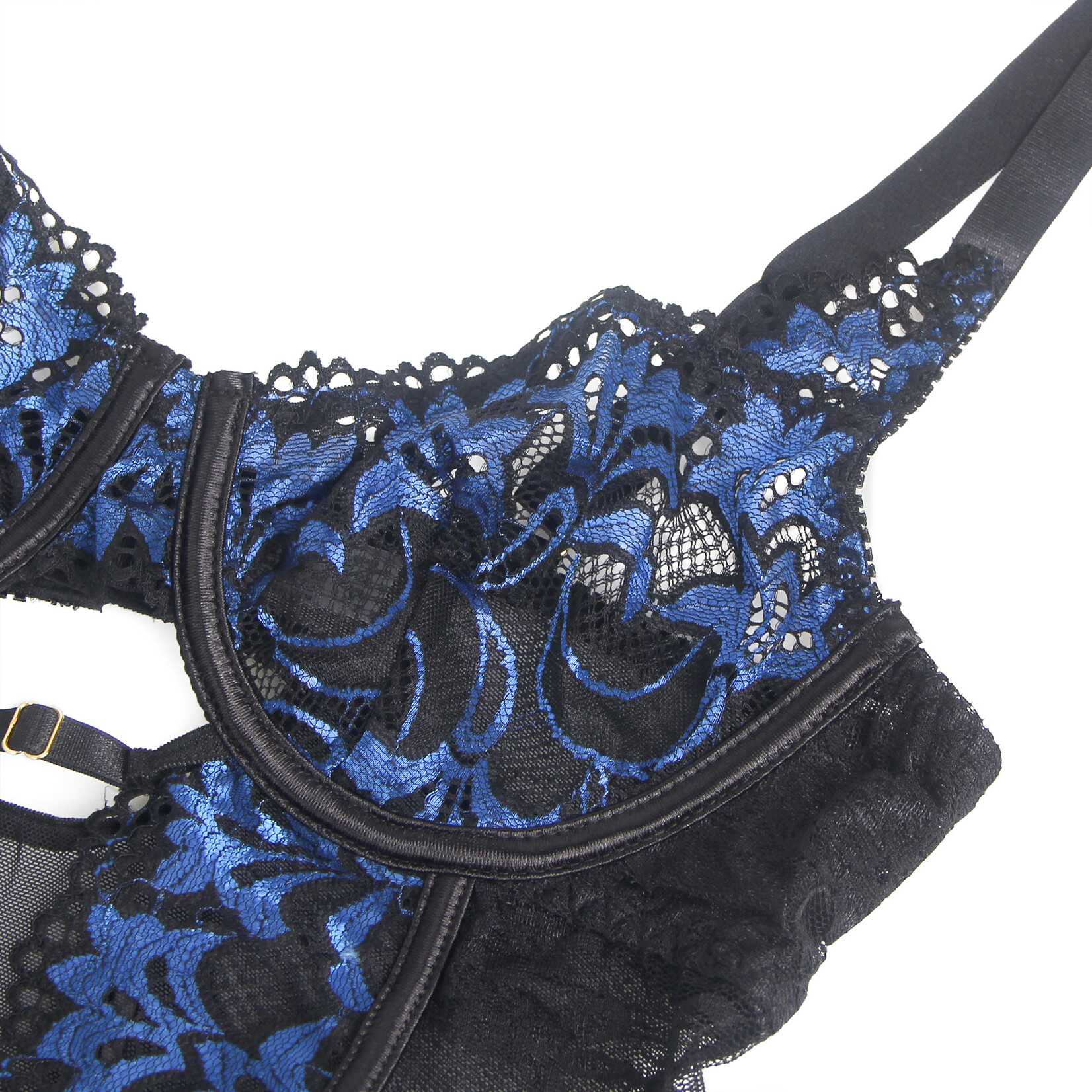 OH YEAH! -  BLUE SEXY EMBROIDERED LACE GARTER LINGERIE SET SMALL BLUE