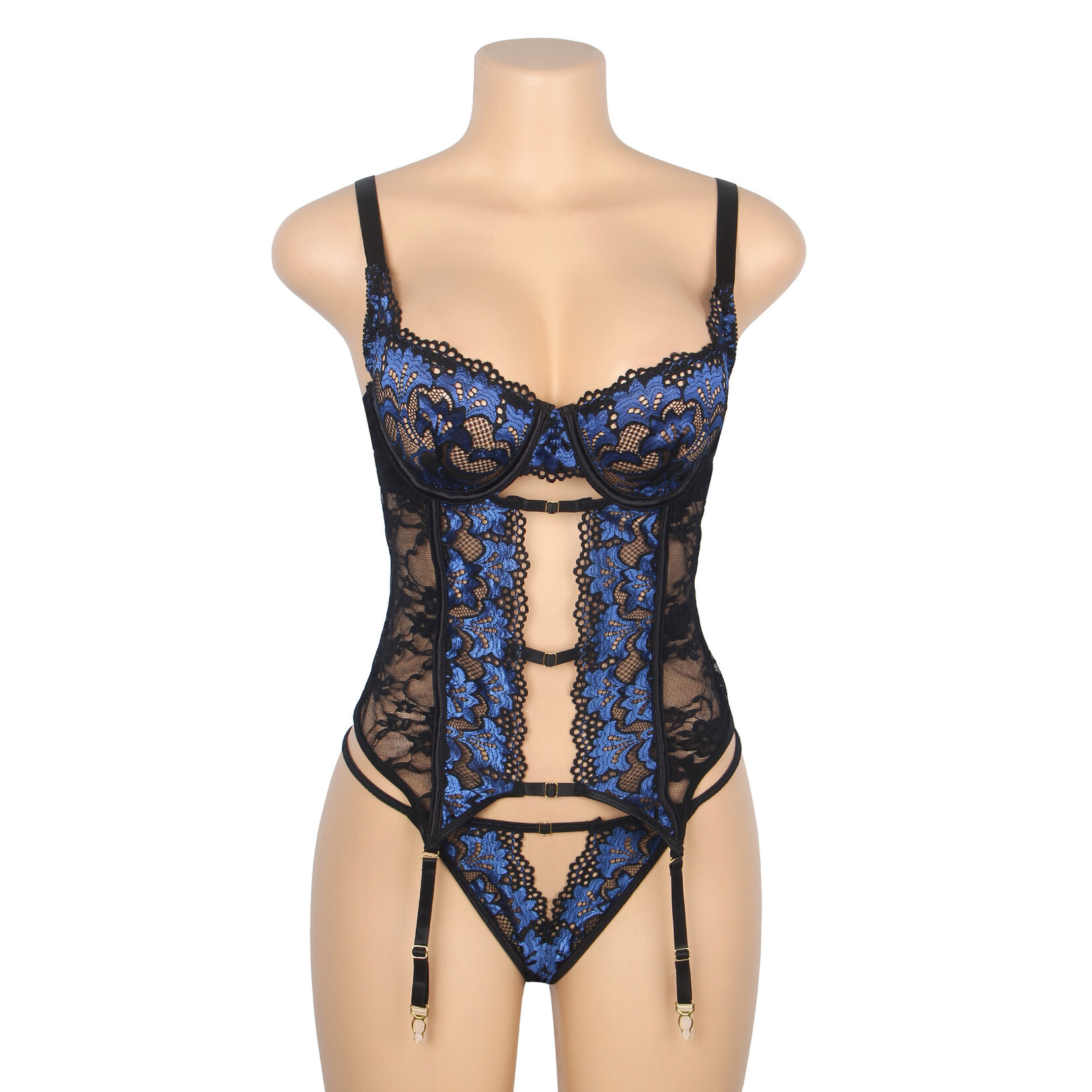 OH YEAH! -  BLUE SEXY EMBROIDERED LACE GARTER LINGERIE SET X-LARGE BLUE