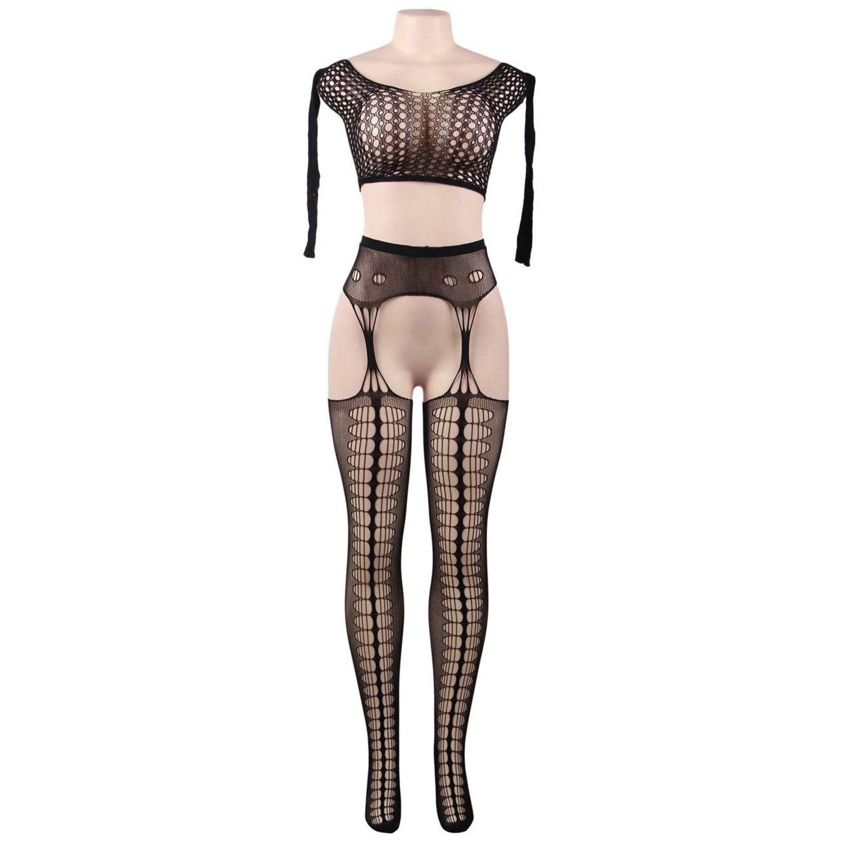 OH YEAH! -  PLUS SIZE LONG SLEEVE SPLIT SEXY FISHNET BODYSTOCKING L-2XL AS SHOWN